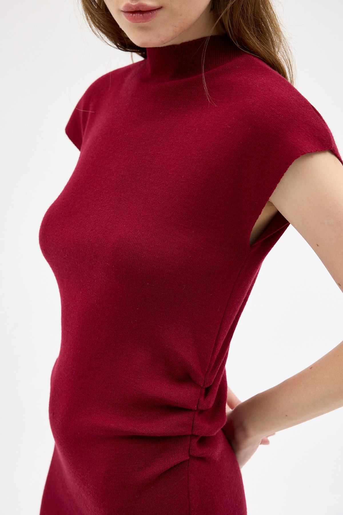 Bordo Büzgü Detaylı Triko Midi Elbise 2317 - 4