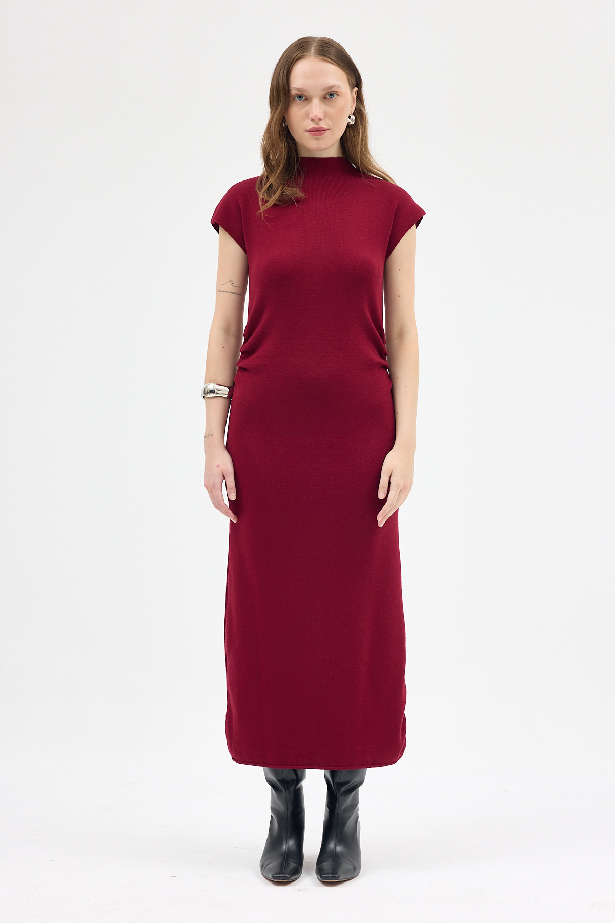 Bordo Büzgü Detaylı Triko Midi Elbise 2317 - RAYS (1)