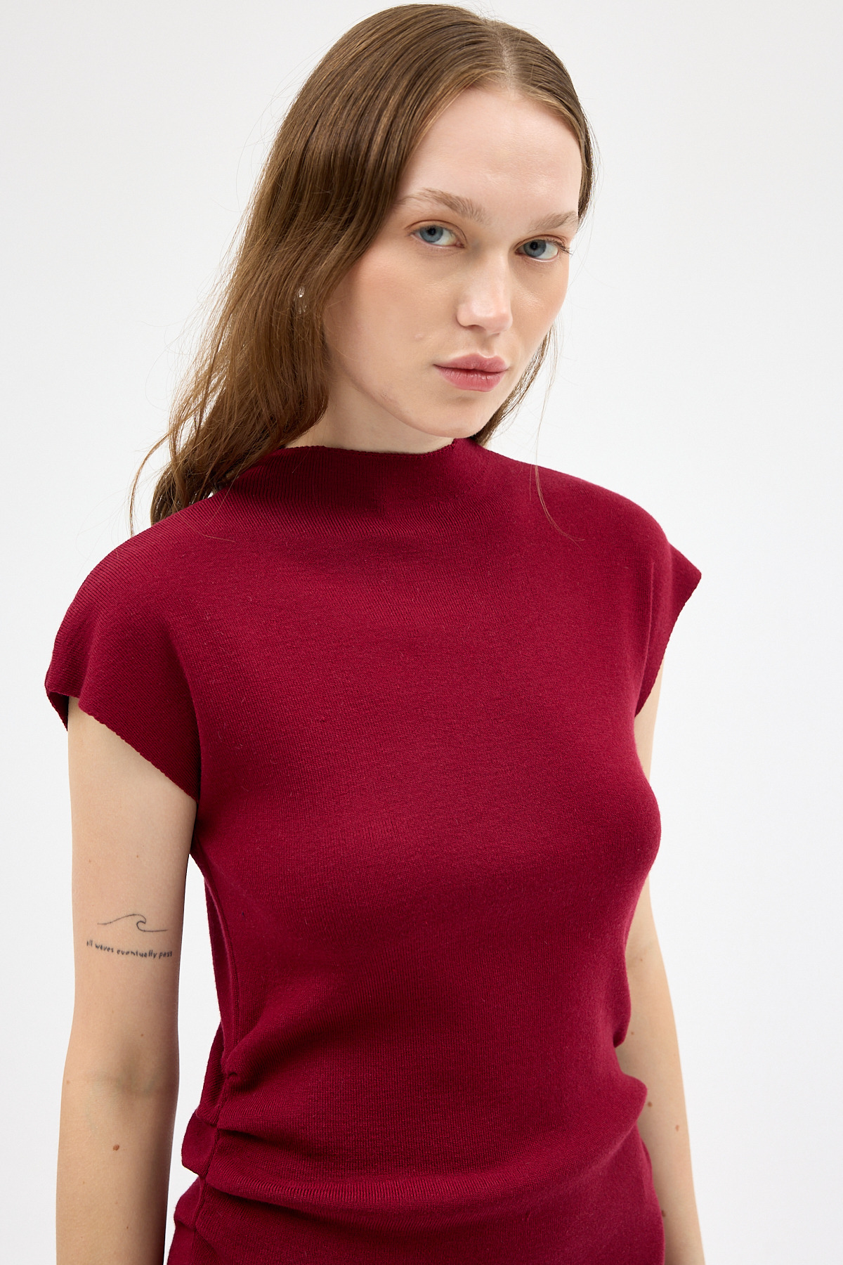 Bordo Büzgü Detaylı Triko Midi Elbise 2317 - 3