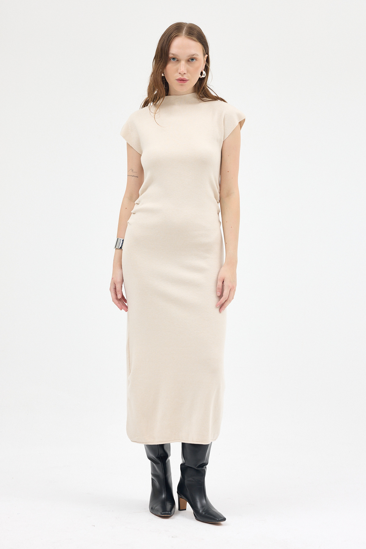 Taş Büzgü Detaylı Triko Midi Elbise 2317 - RAYS