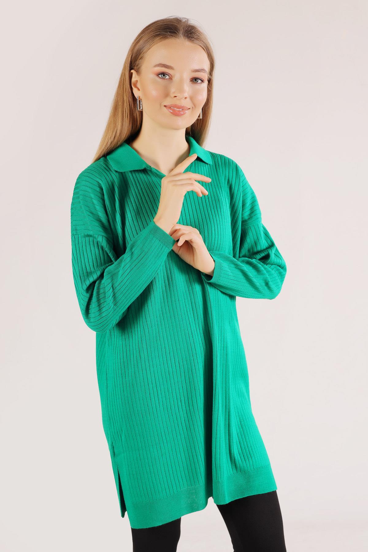 Benetton Yeşili Polo Yaka Fitilli Kazak 23214 - 6