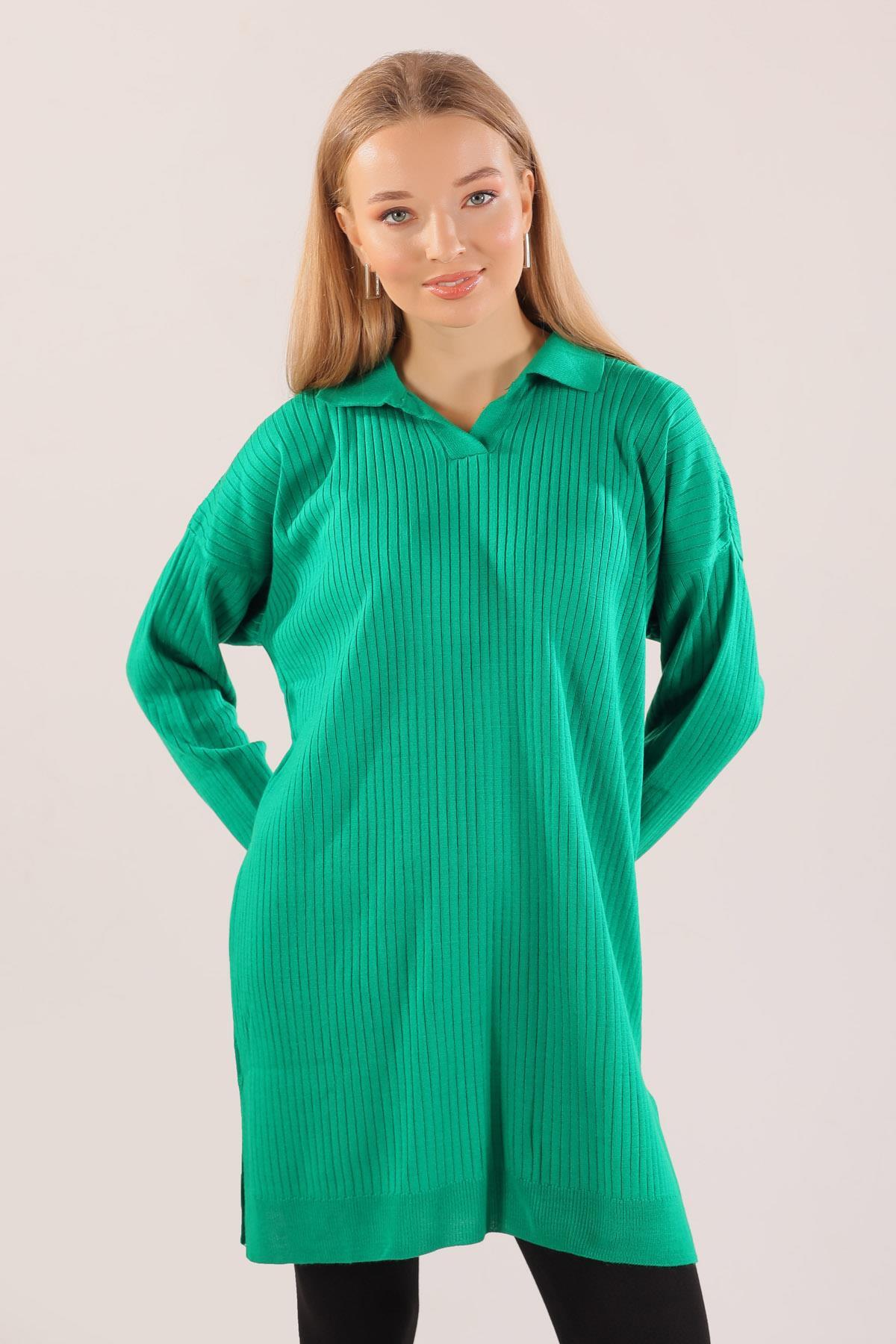 Benetton Yeşili Polo Yaka Fitilli Kazak 23214 - 1