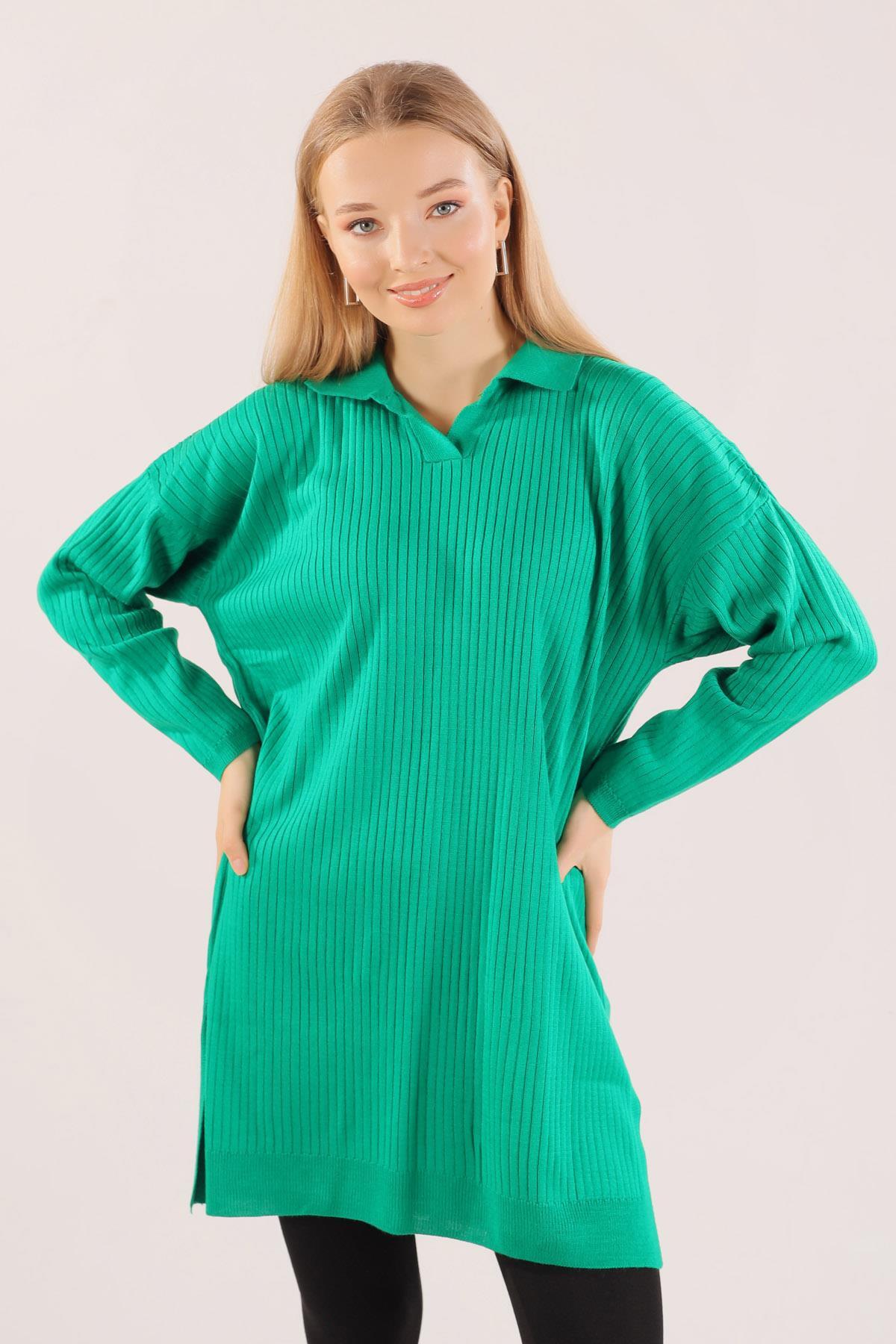 Benetton Yeşili Polo Yaka Fitilli Kazak 23214 - 3