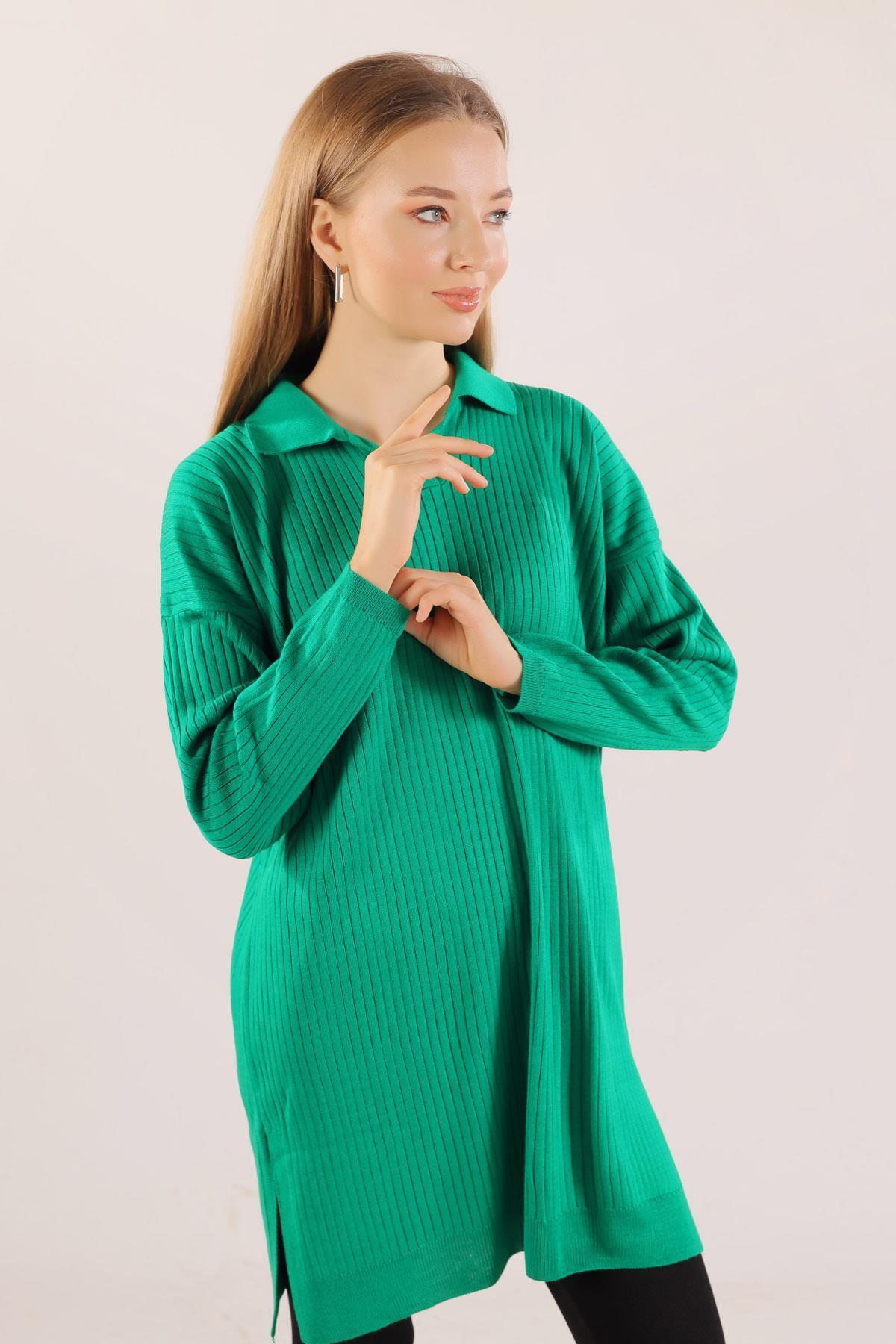 Benetton Yeşili Polo Yaka Fitilli Kazak 23214 - 5
