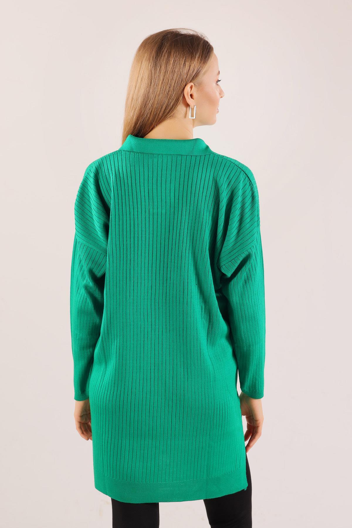 Benetton Yeşili Polo Yaka Fitilli Kazak 23214 - 7