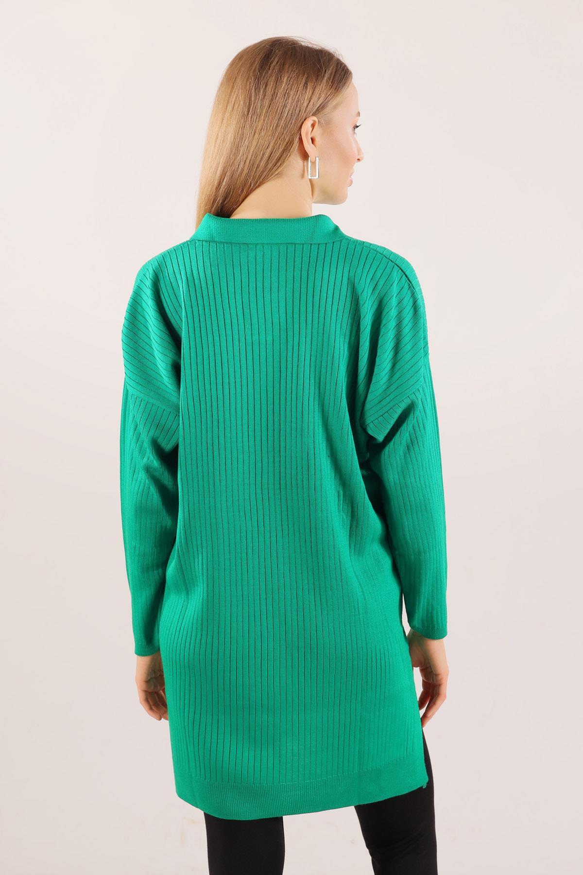 Benetton Yeşili Polo Yaka Fitilli Kazak 23214 - 8