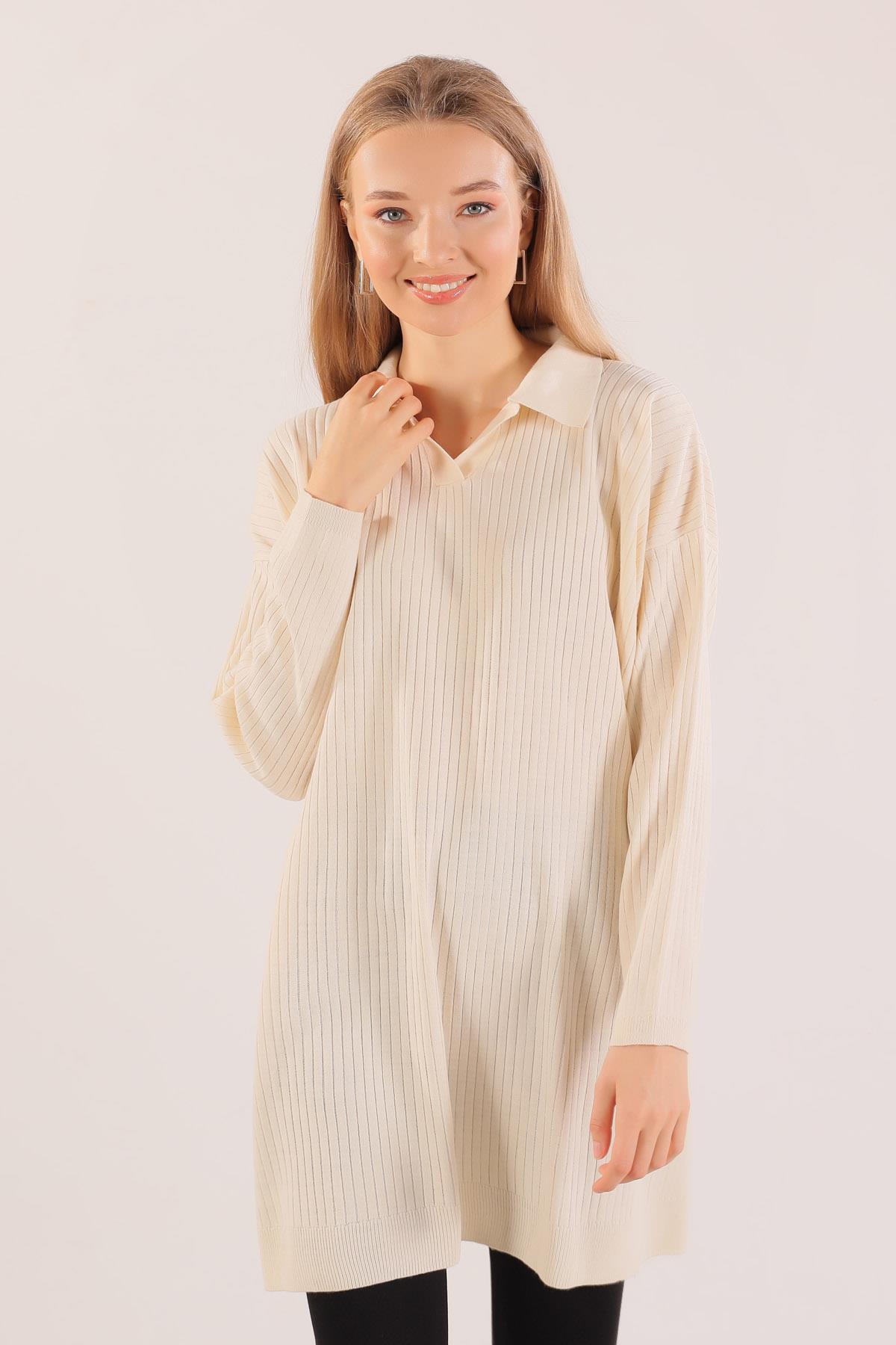 23214 Polo Yaka Fitilli Tunik Ekru - 2