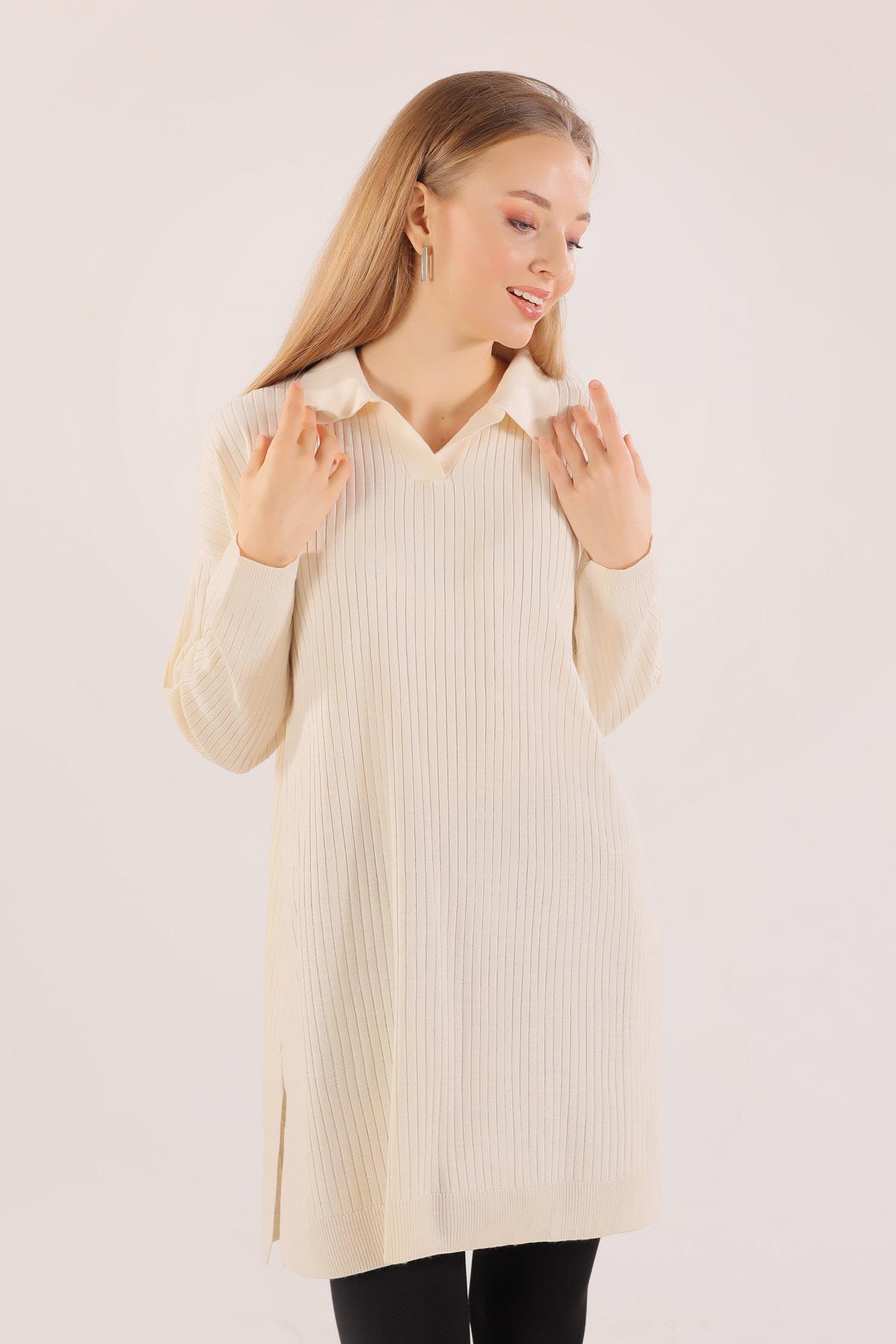 23214 Polo Yaka Fitilli Tunik Ekru - 3