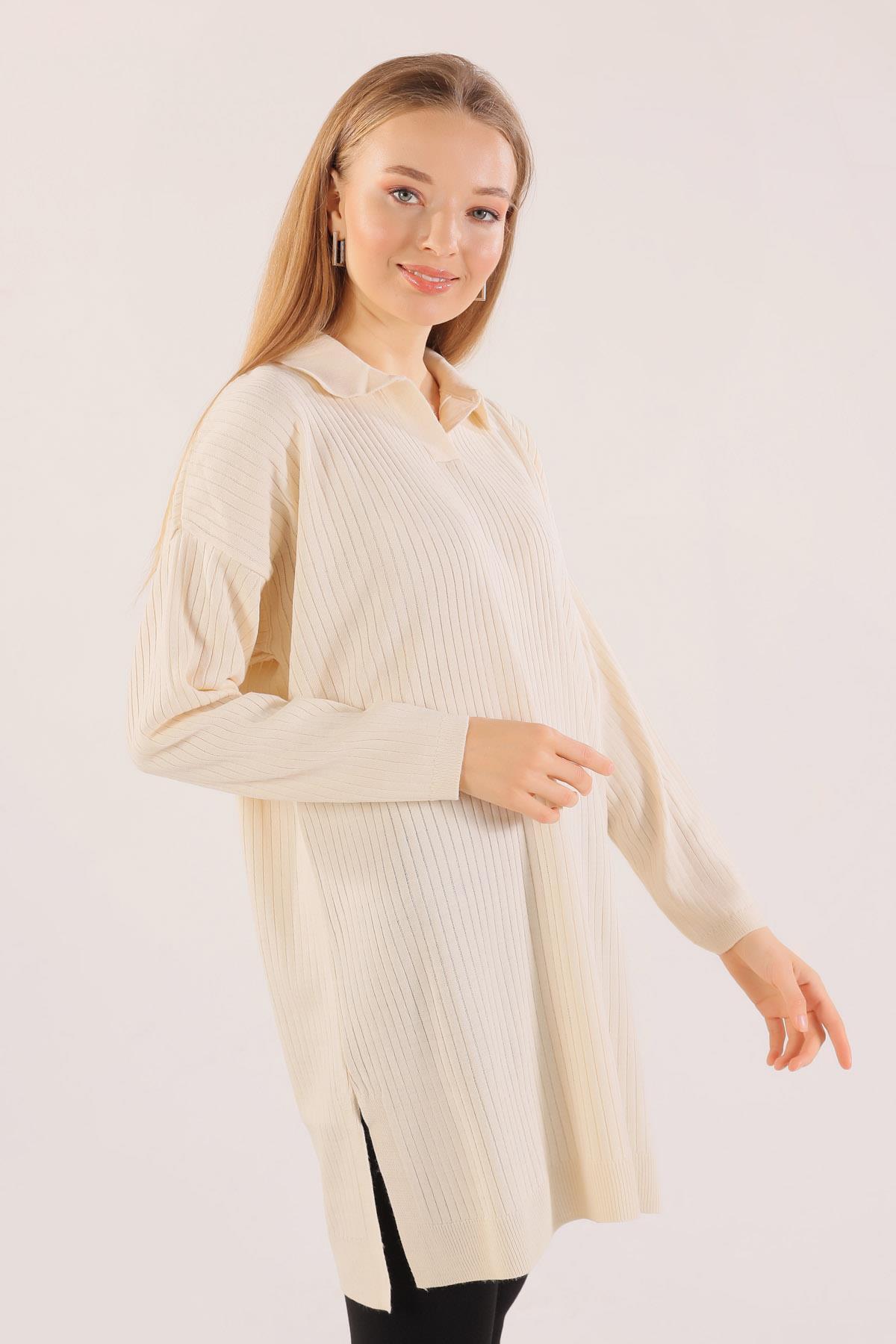 23214 Polo Yaka Fitilli Tunik Ekru - 4