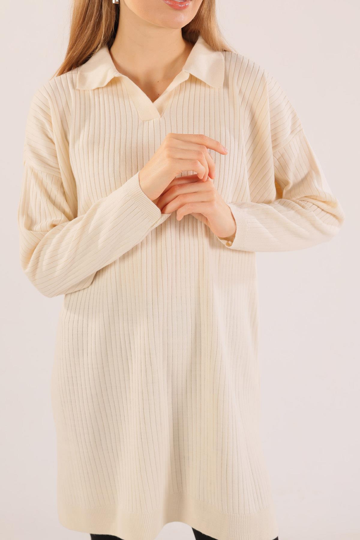 23214 Polo Yaka Fitilli Tunik Ekru - 5