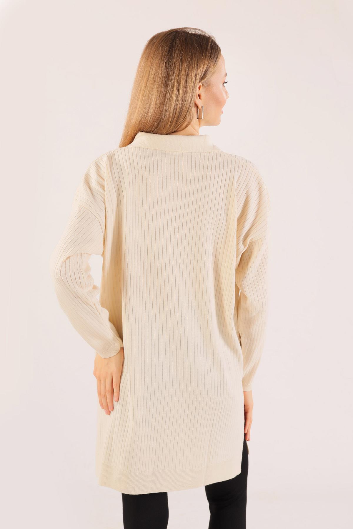 23214 Polo Yaka Fitilli Tunik Ekru - 7