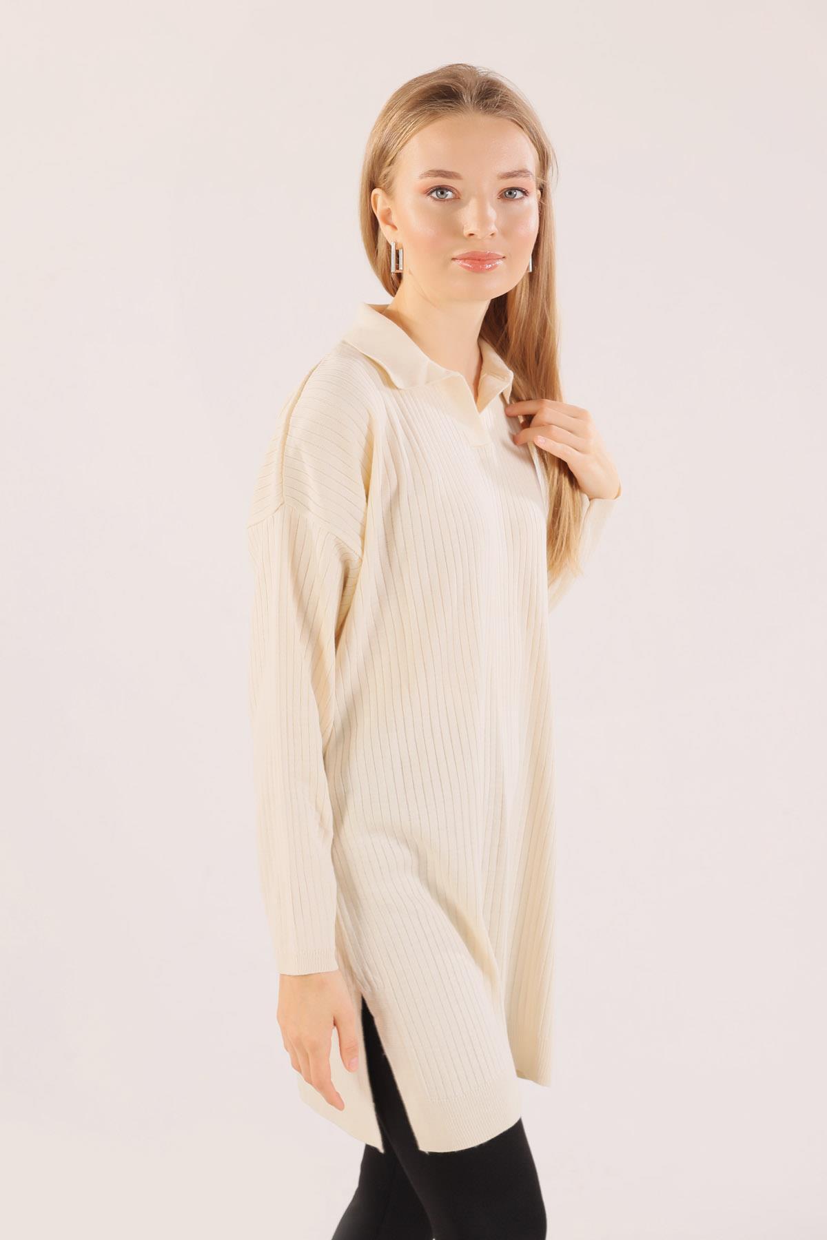 23214 Polo Yaka Fitilli Tunik Ekru - 8