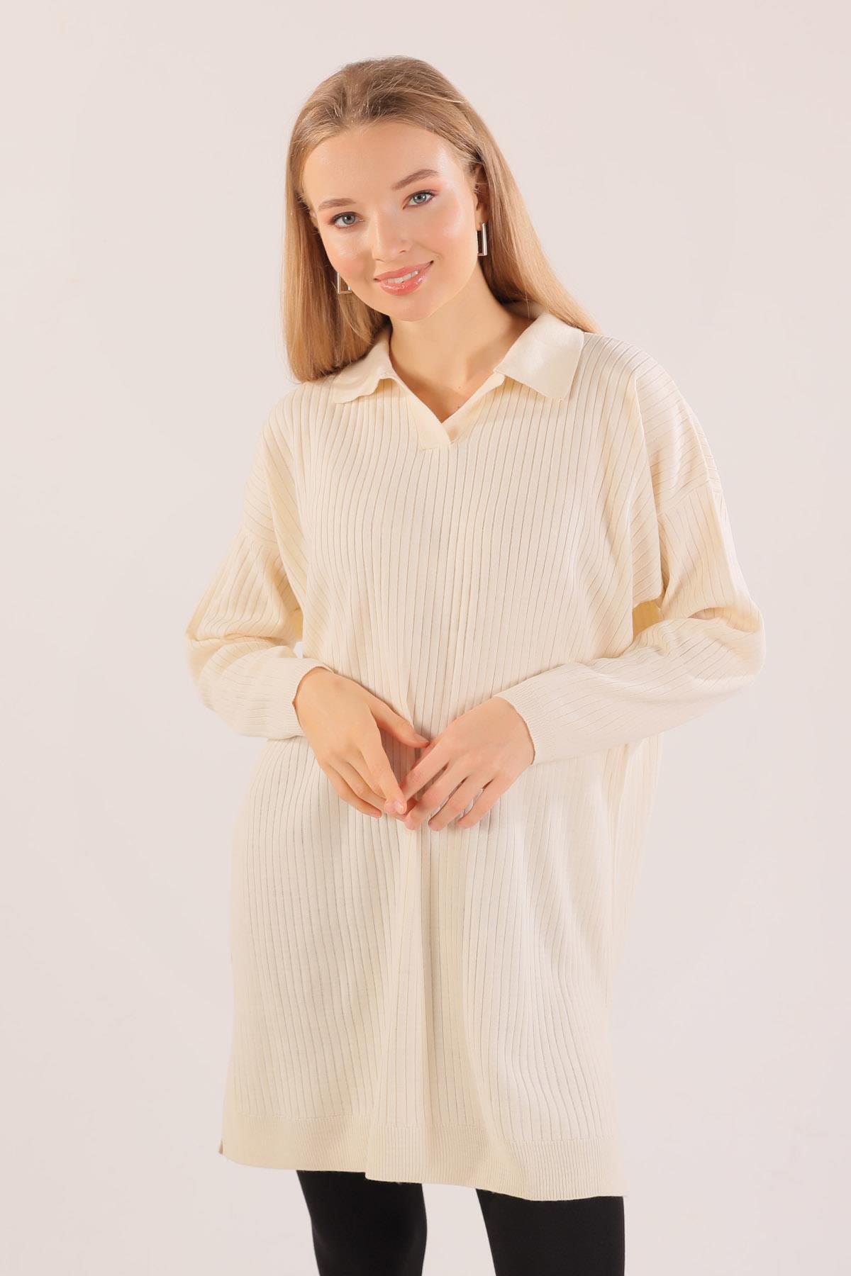 Ekru Polo Yaka Fitilli Kazak 23214 - 1