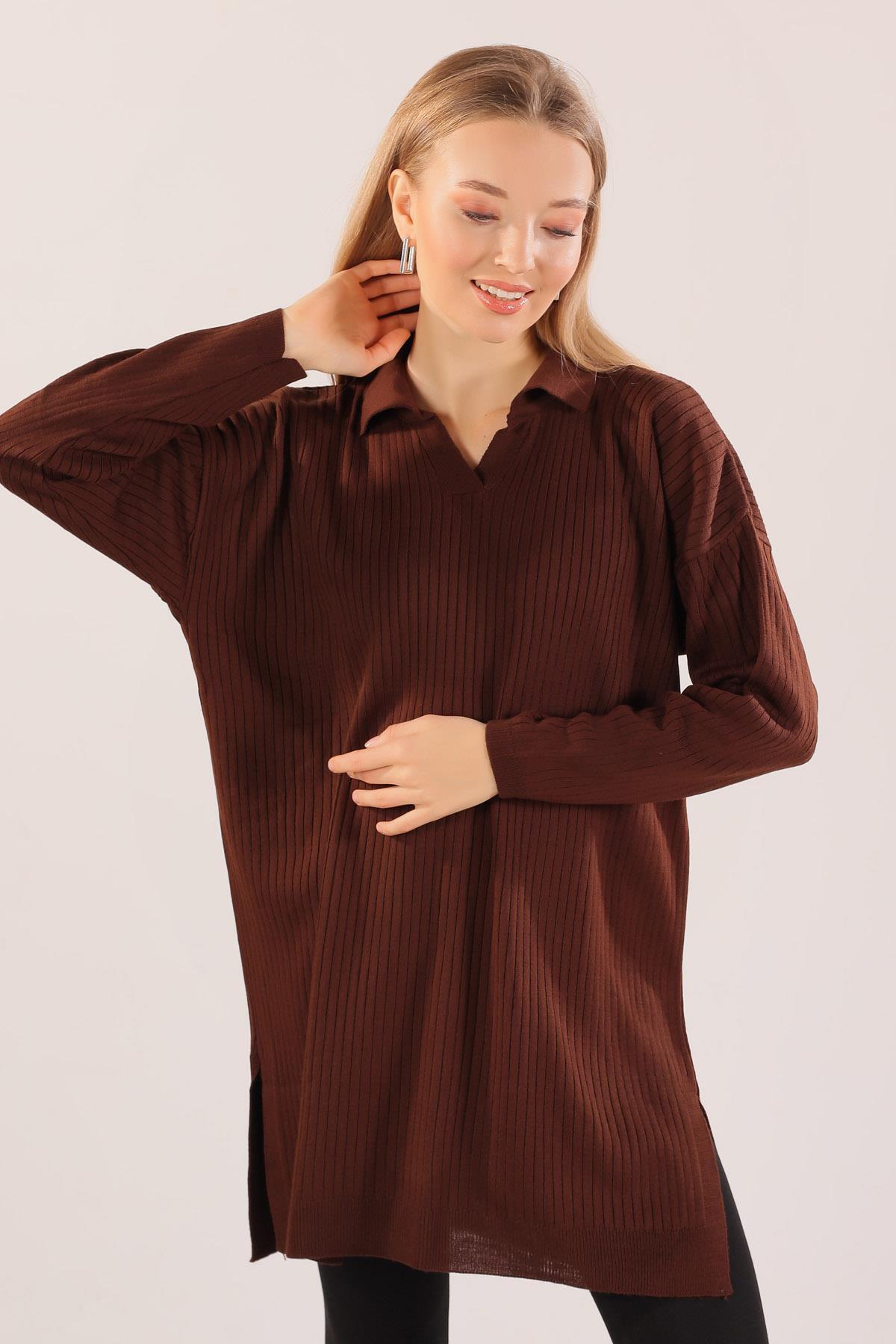 23214 Polo Yaka Fitilli Tunik Kahve - 2