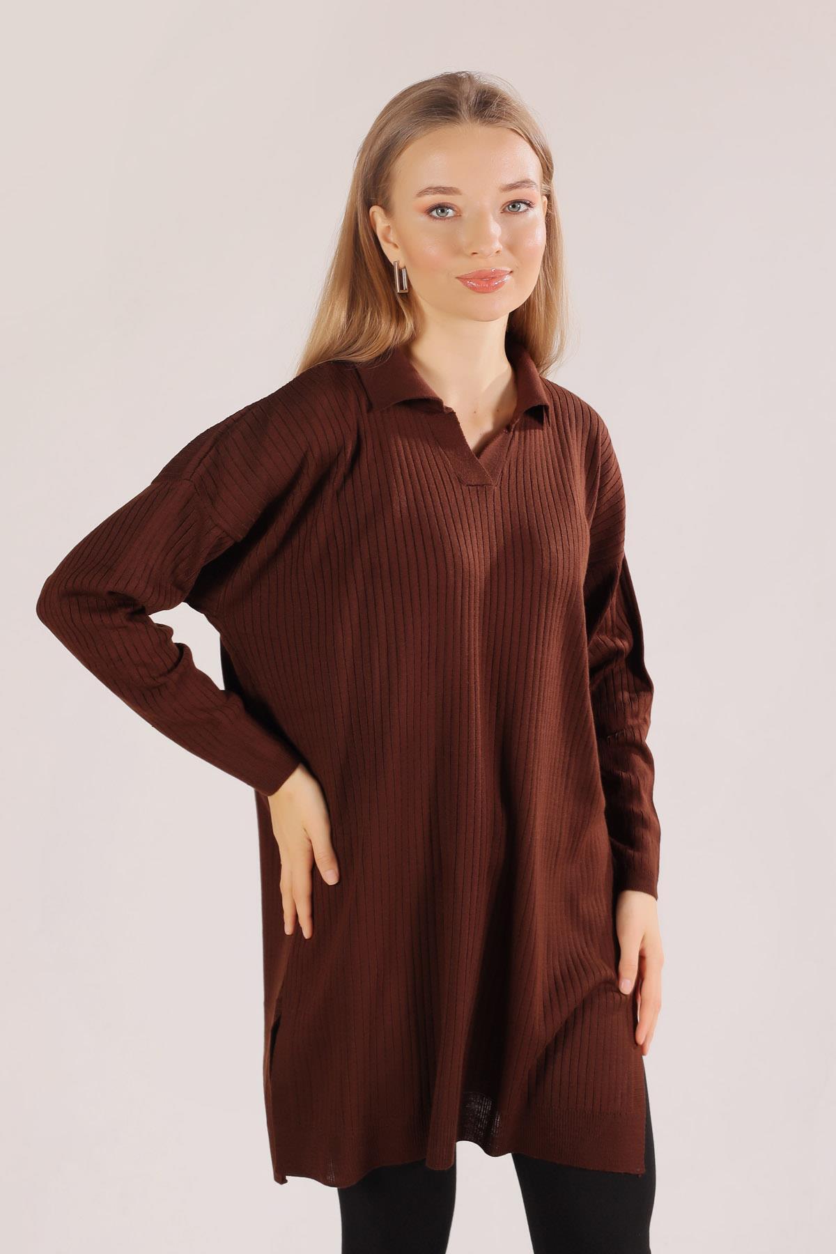 23214 Polo Yaka Fitilli Tunik Kahve - 3