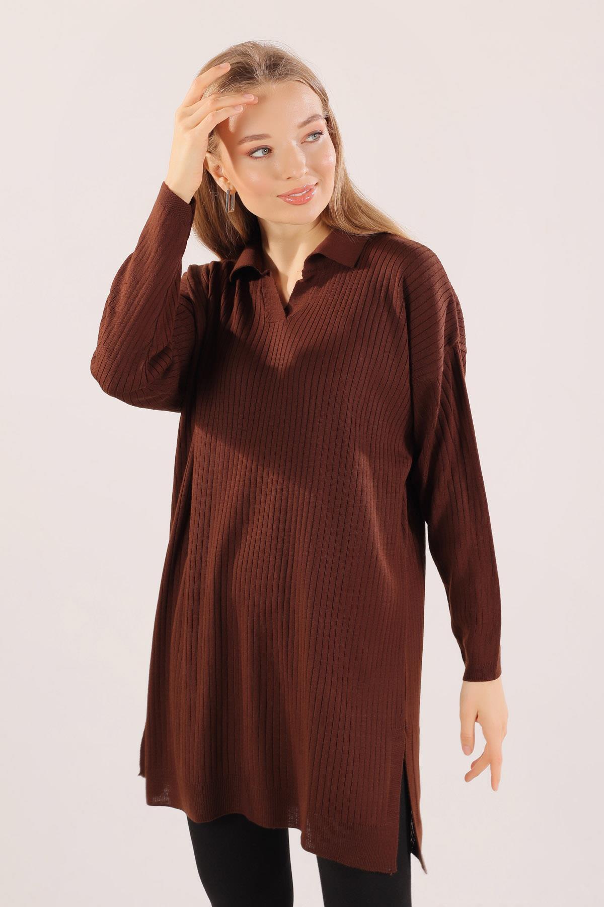23214 Polo Yaka Fitilli Tunik Kahve - 4