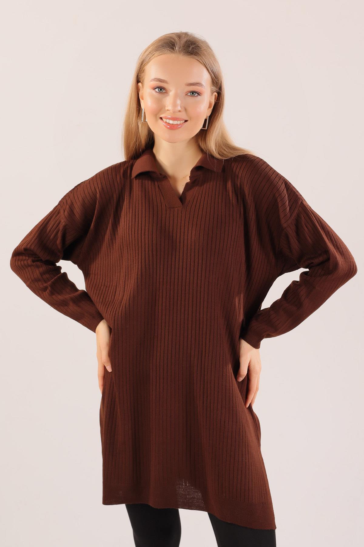 Kahve Polo Yaka Fitilli Kazak 23214 