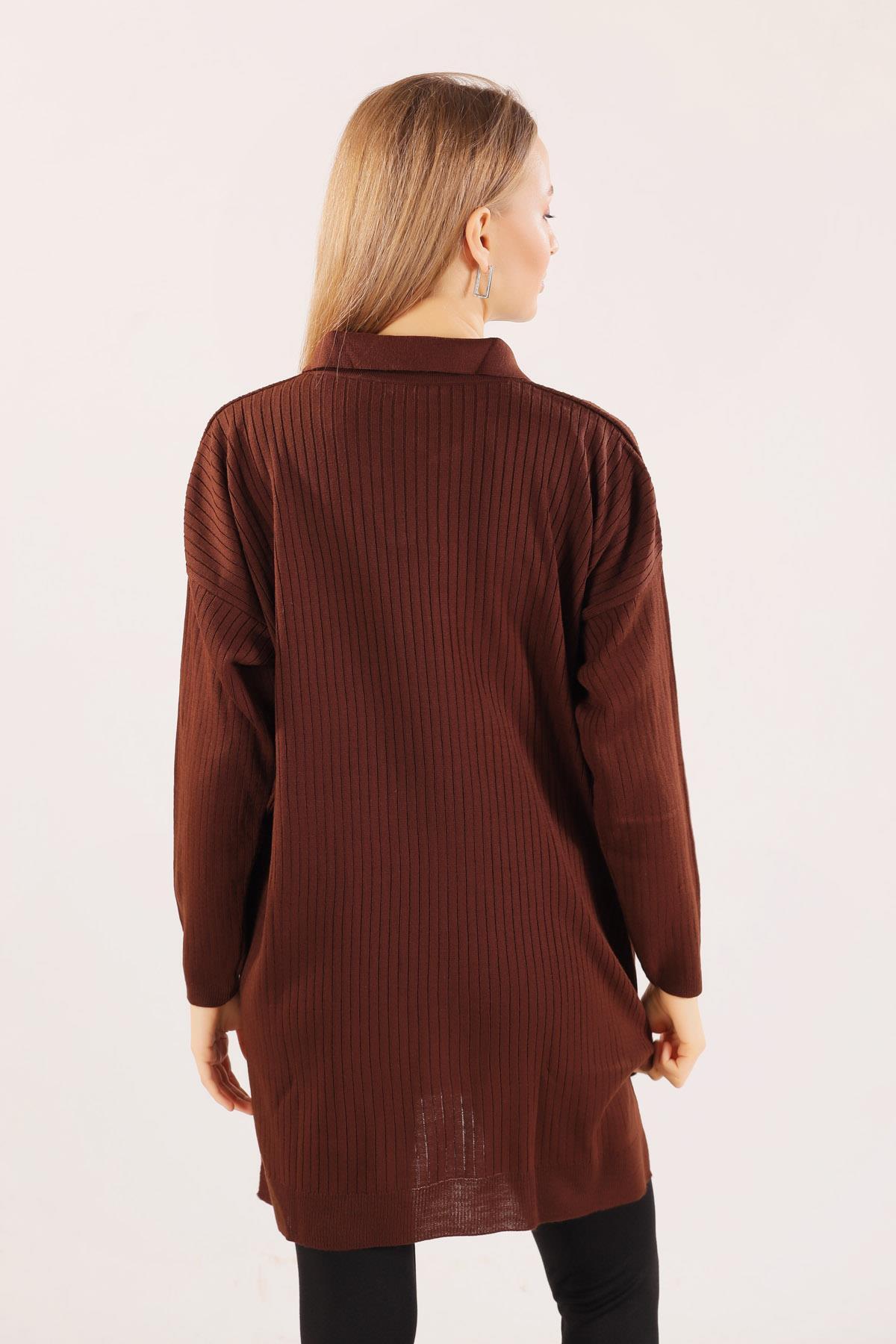 Kahve Polo Yaka Fitilli Kazak 23214 - 5