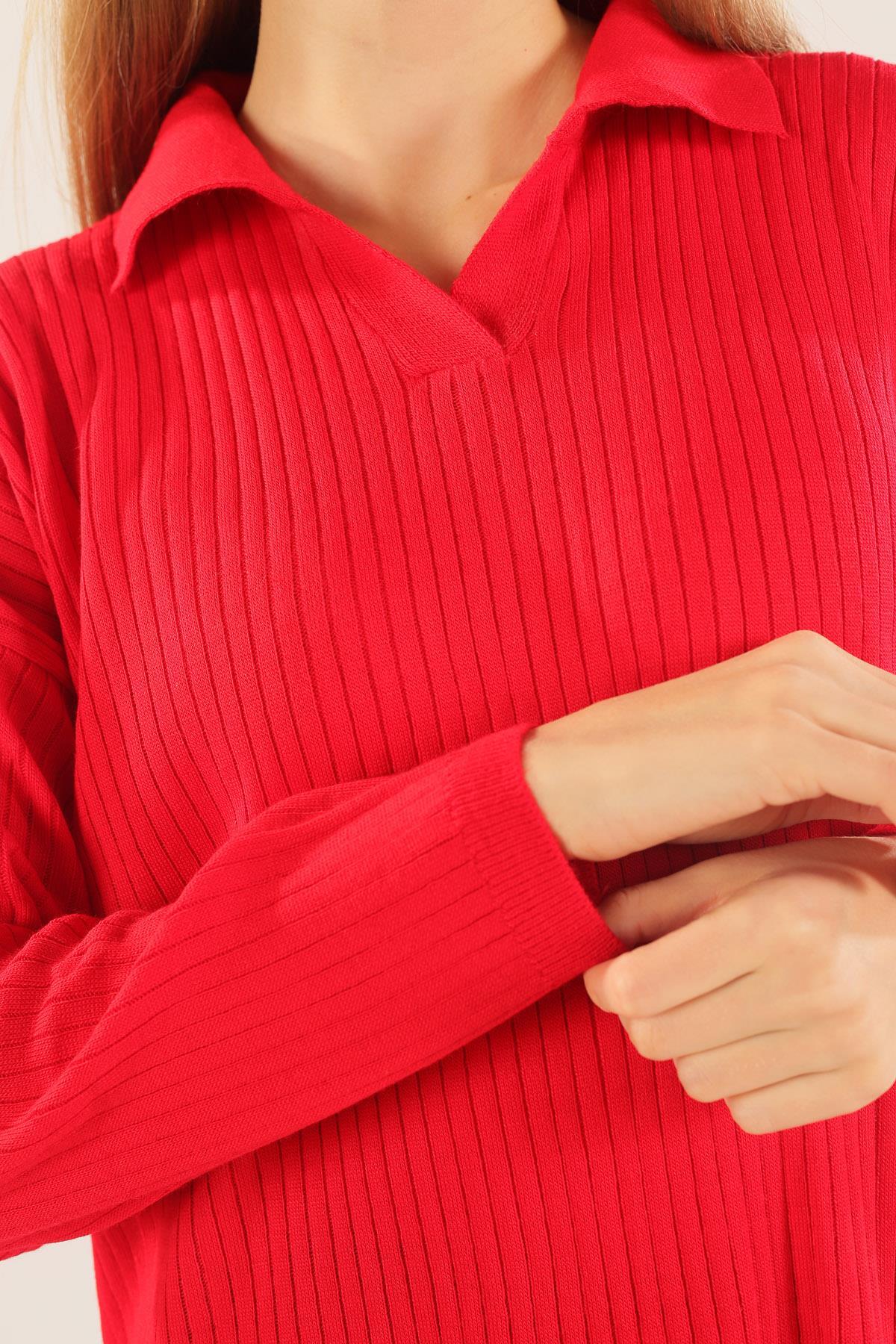 23214 Polo Yaka Fitilli Tunik Kırmızı - 5