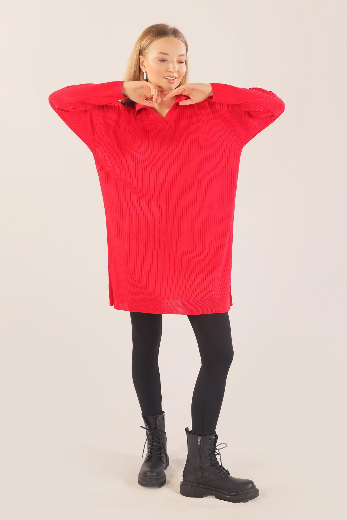 23214 Polo Yaka Fitilli Tunik Kırmızı - 3
