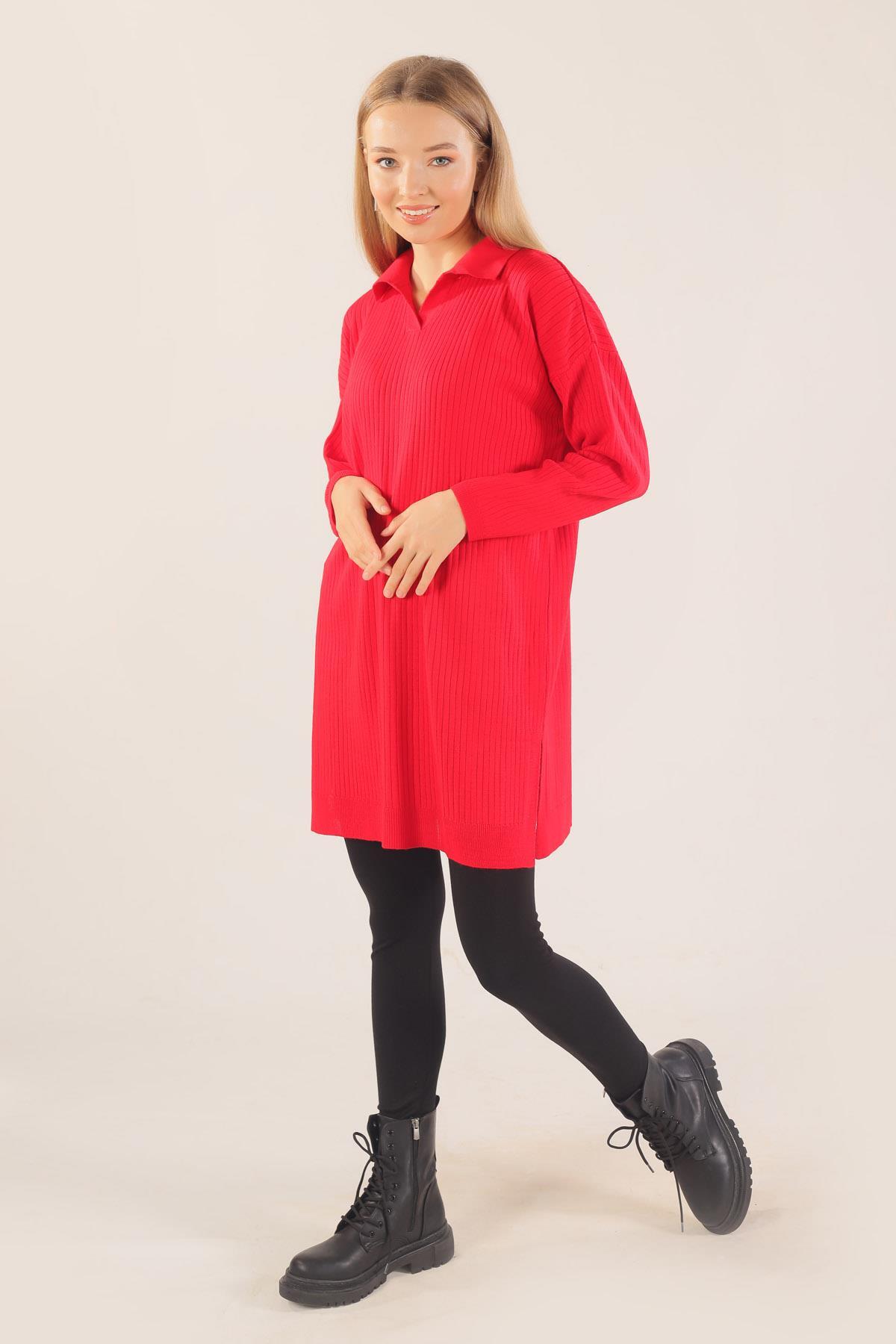 Kırmızı Polo Yaka Fitilli Kazak 23214 - 2