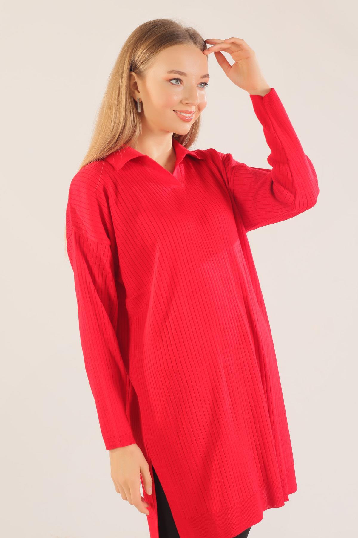 Kırmızı Polo Yaka Fitilli Kazak 23214 - 4