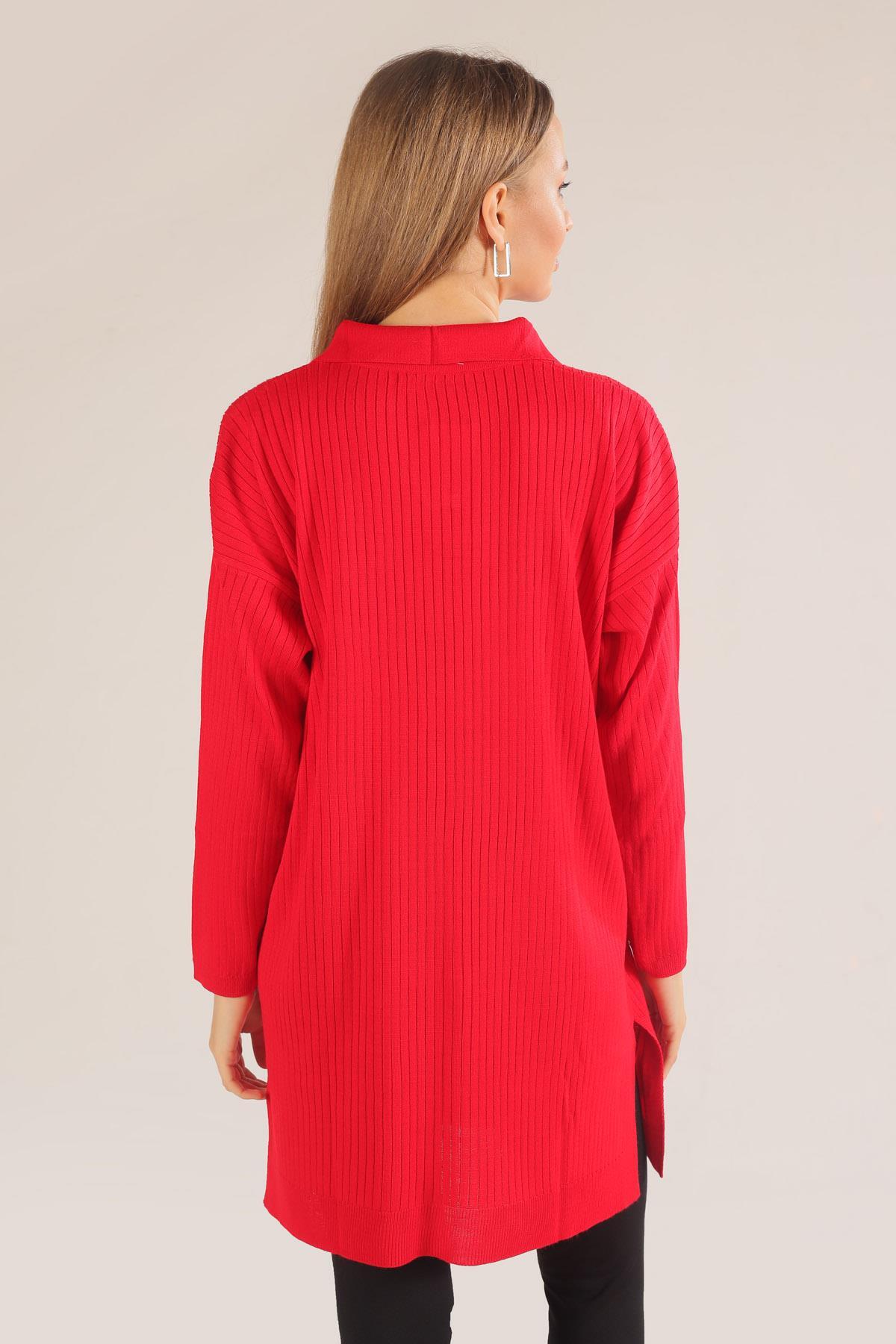 Kırmızı Polo Yaka Fitilli Kazak 23214 - 6