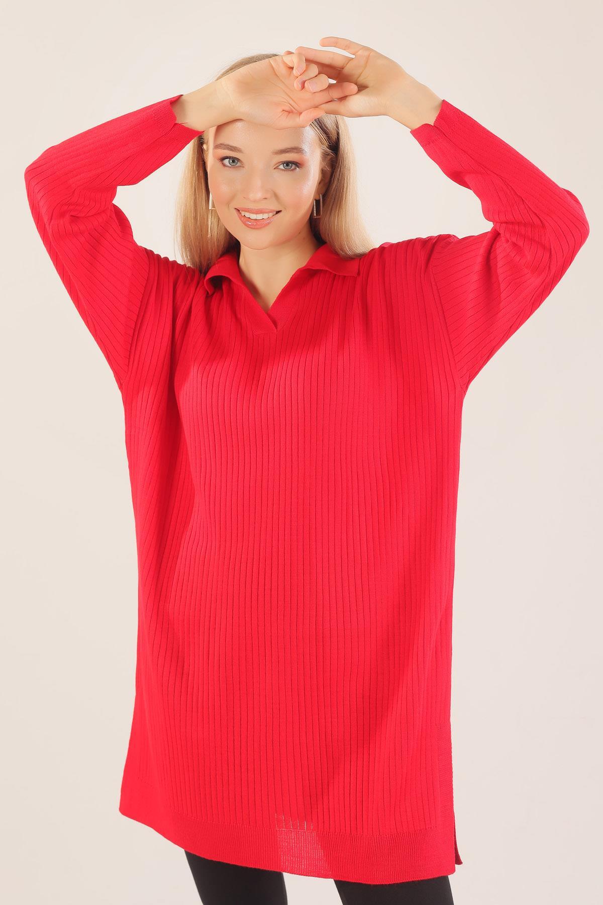 Kırmızı Polo Yaka Fitilli Kazak 23214 - 1