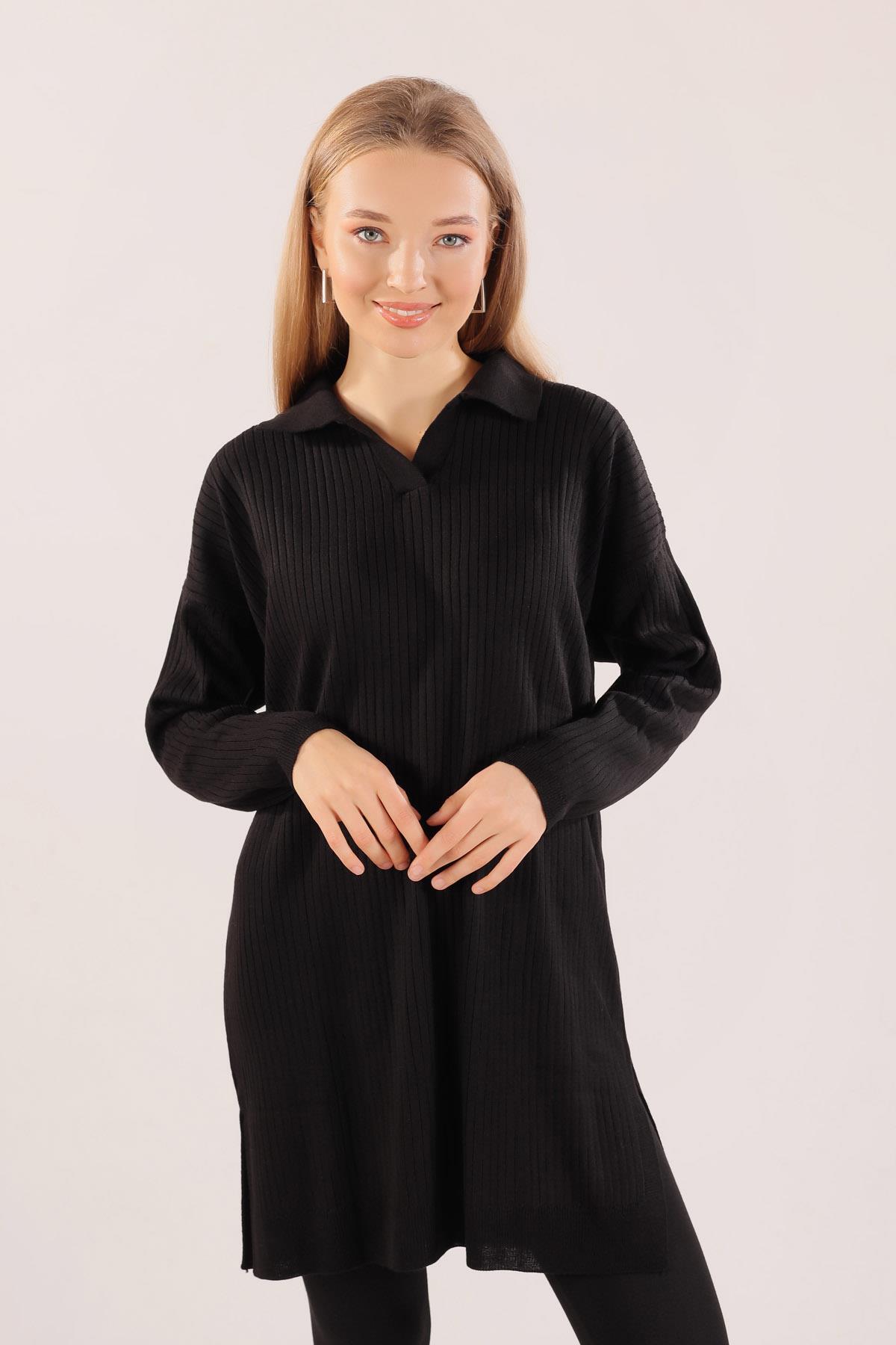23214 Polo Yaka Fitilli Tunik Siyah - 2