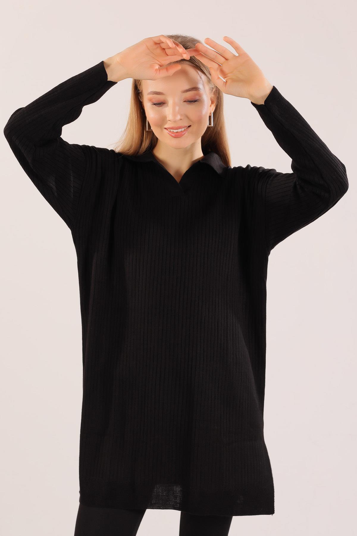 23214 Polo Yaka Fitilli Tunik Siyah - 4