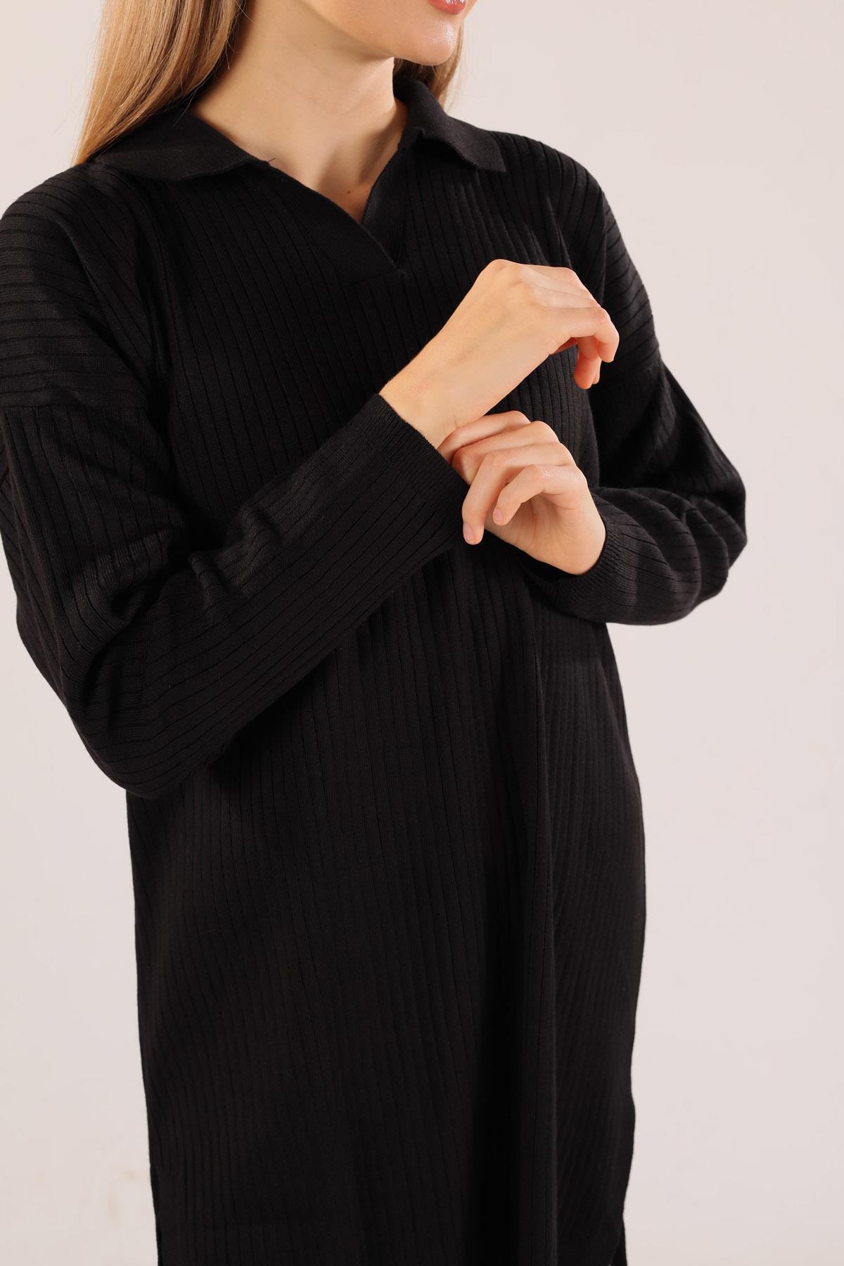 23214 Polo Yaka Fitilli Tunik Siyah - 8