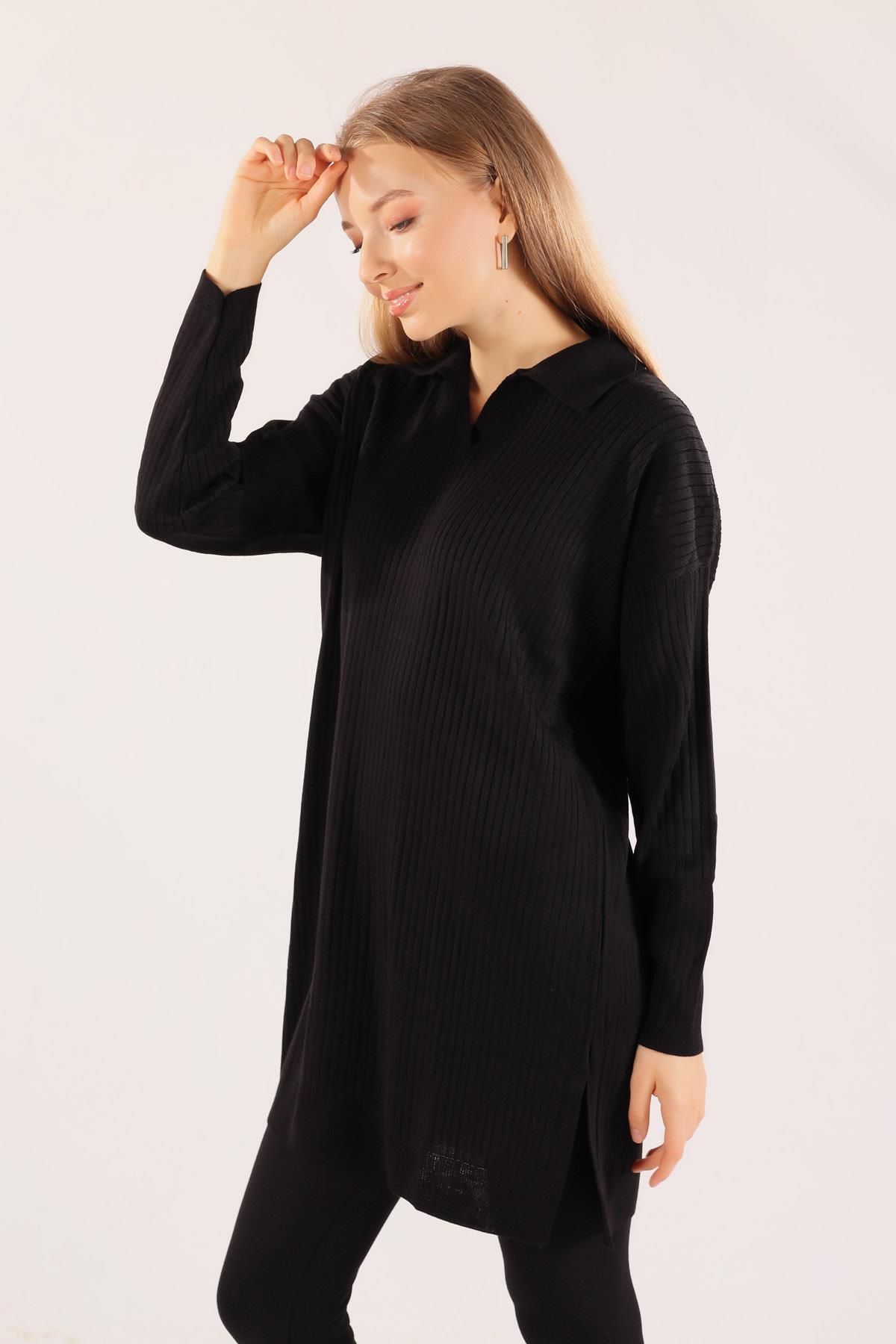 23214 Polo Yaka Fitilli Tunik Siyah - 6