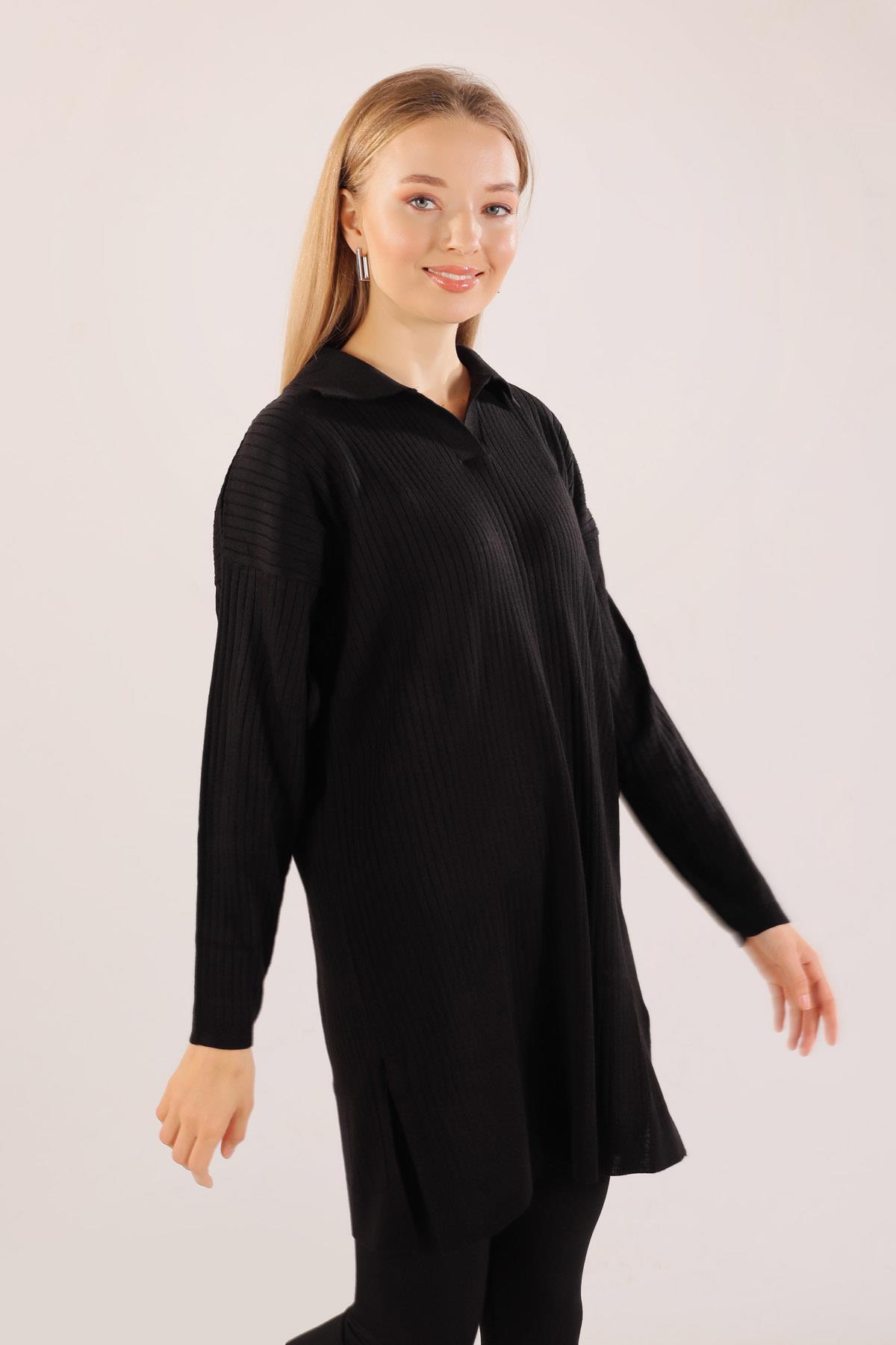 Siyah Polo Yaka Fitilli Kazak 23214 - 3