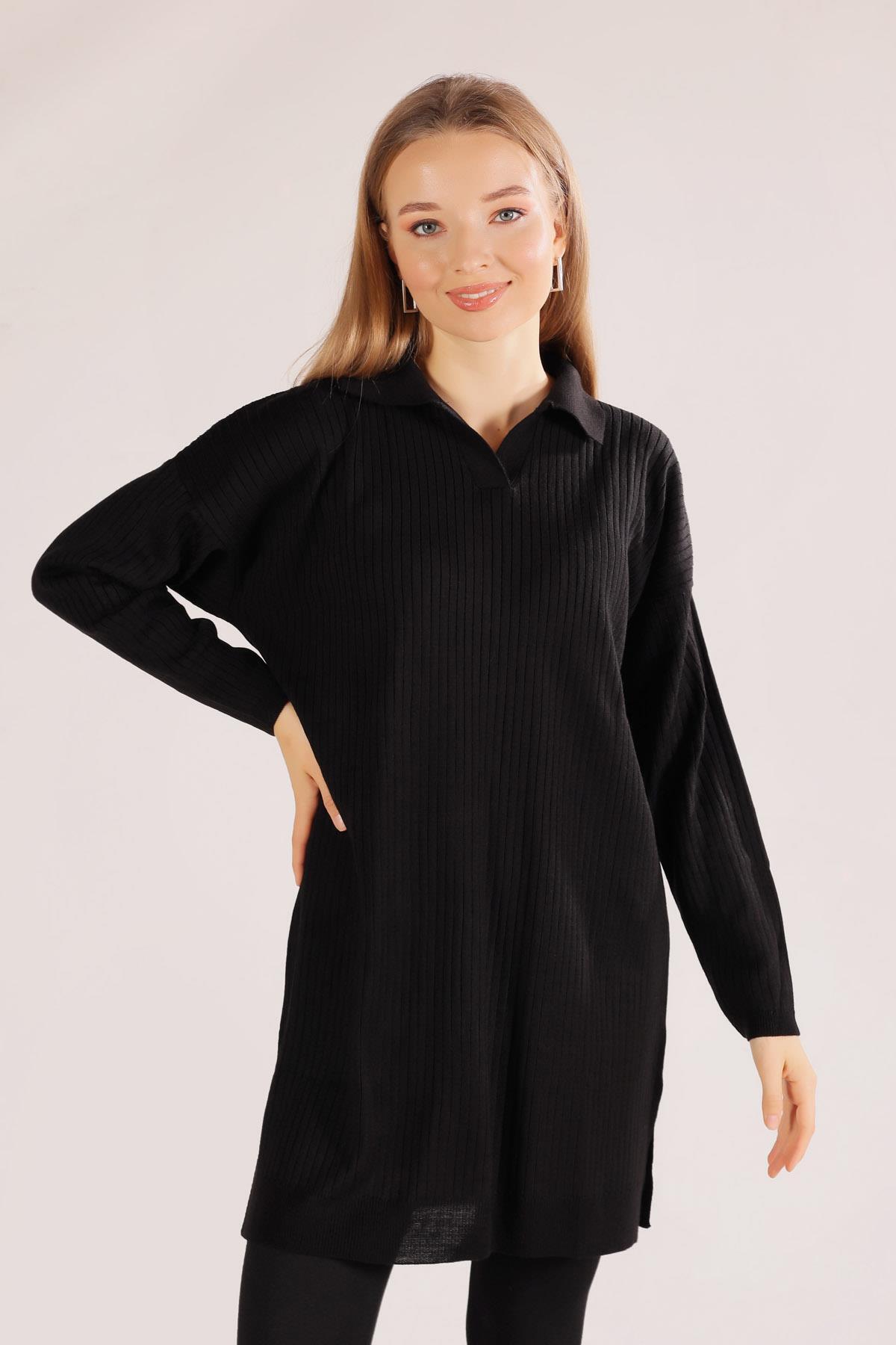 Siyah Polo Yaka Fitilli Kazak 23214 - 1