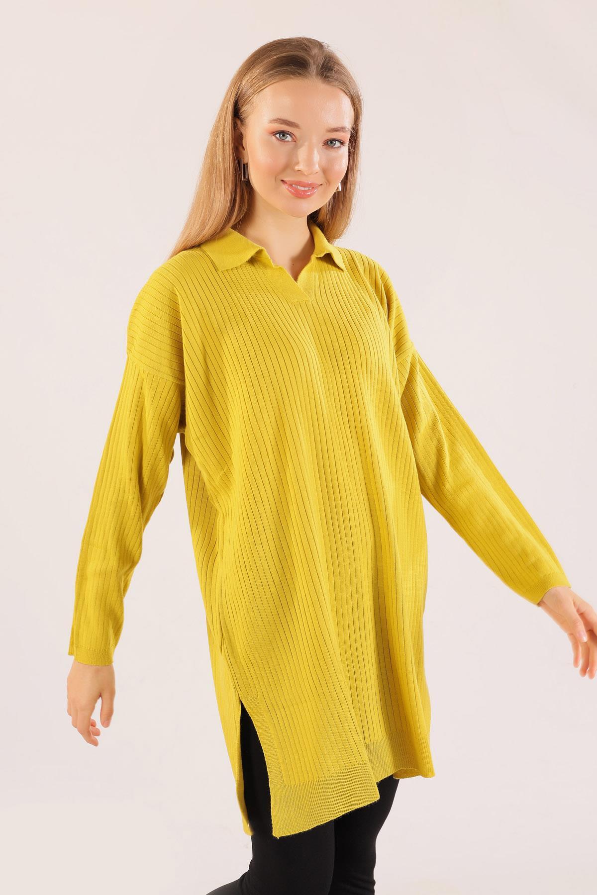 23214 Polo Yaka Fitilli Tunik Yağ Yeşili - 3