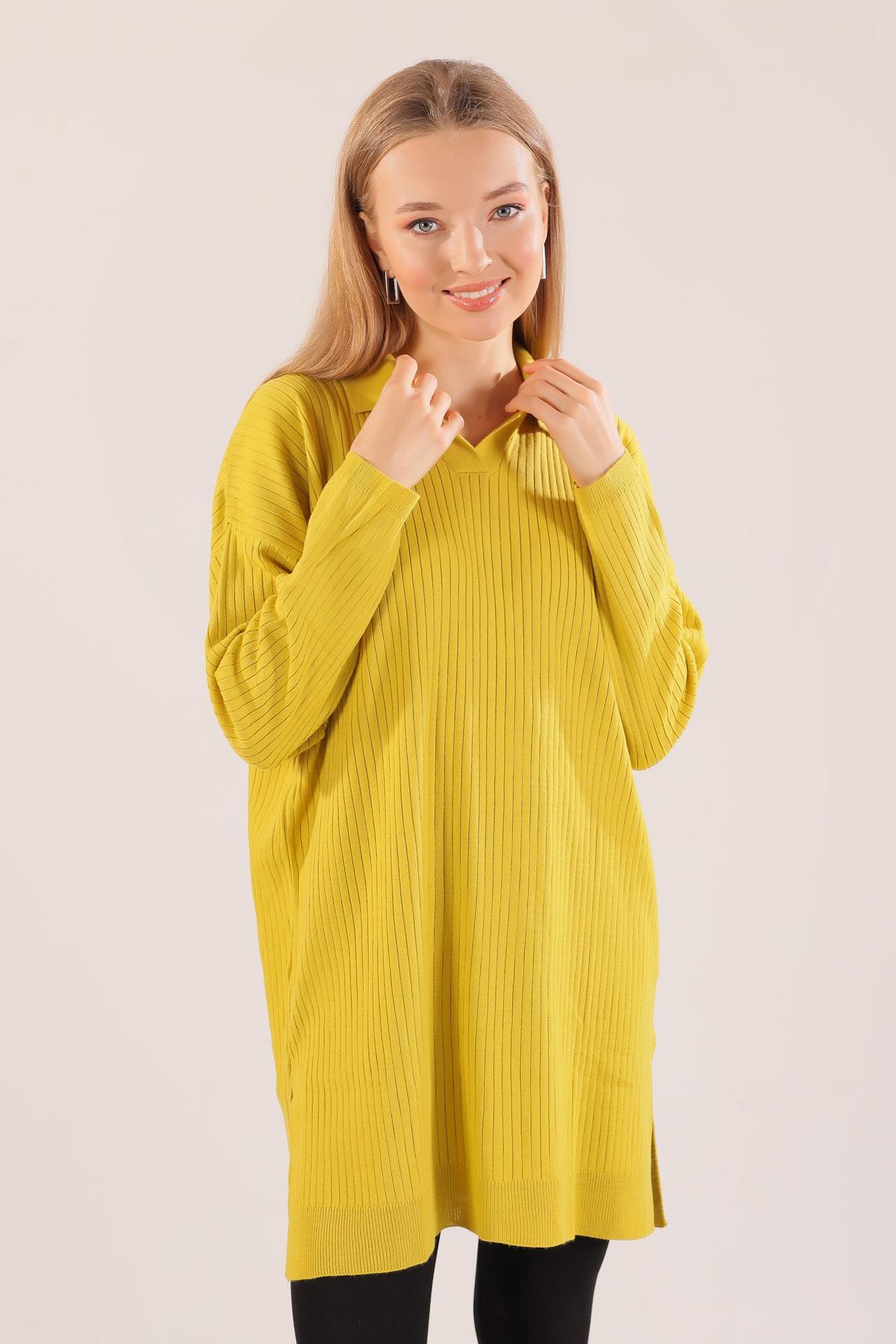 Yağ Yeşili Polo Yaka Fitilli Kazak 23214 