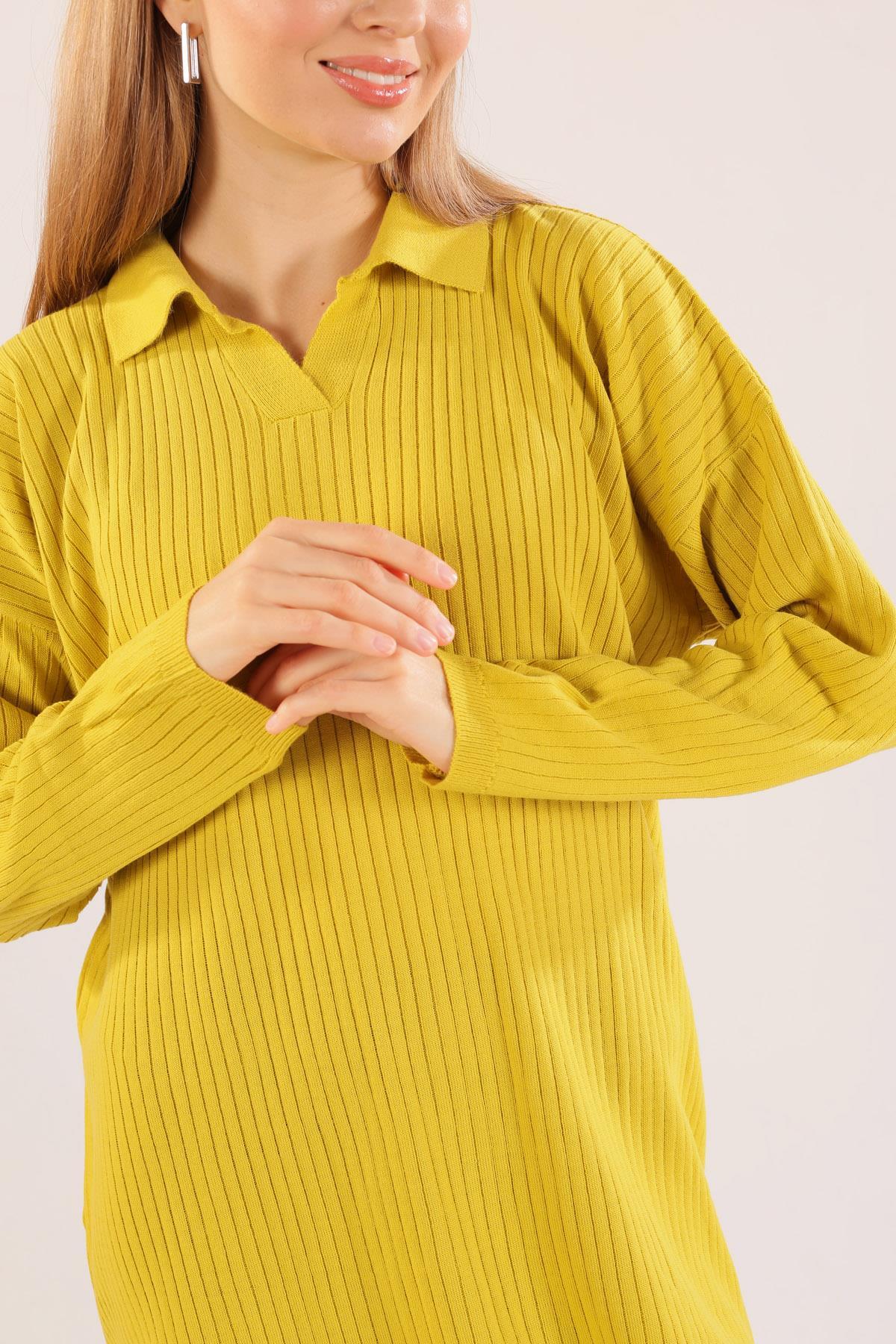 Yağ Yeşili Polo Yaka Fitilli Kazak 23214 - 5