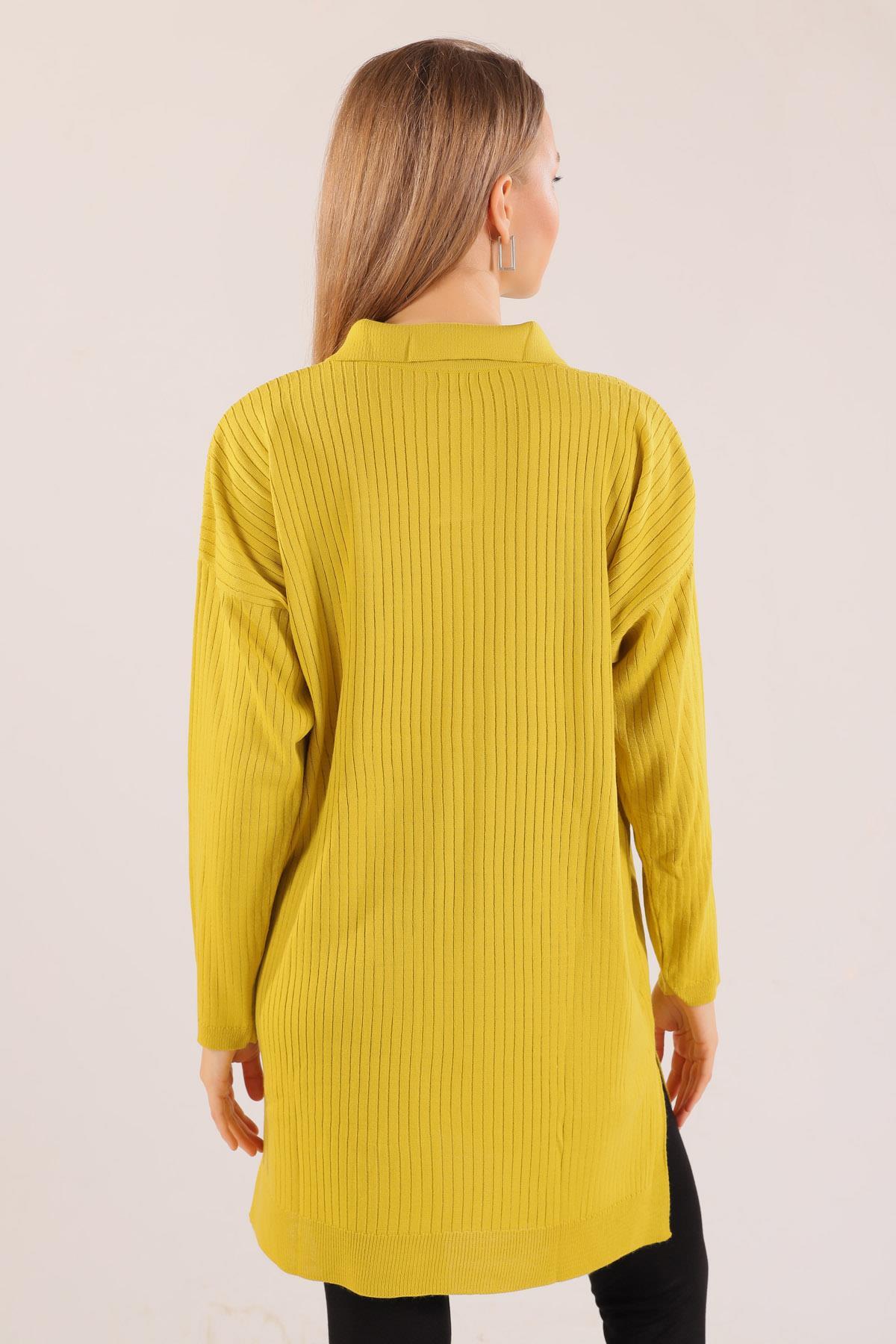 Yağ Yeşili Polo Yaka Fitilli Kazak 23214 - 6