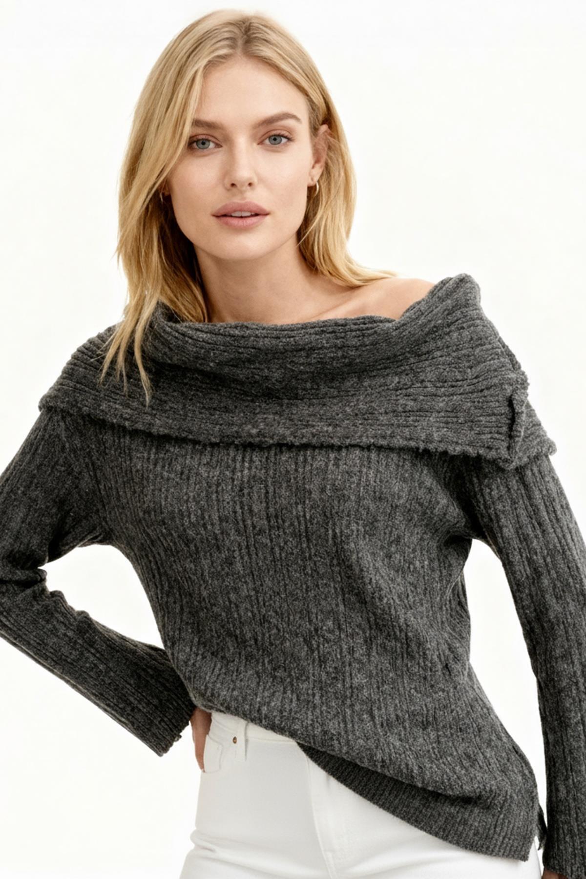 2324 Kayık Yaka Uzun Kol Kazak Antrasit - RAYS