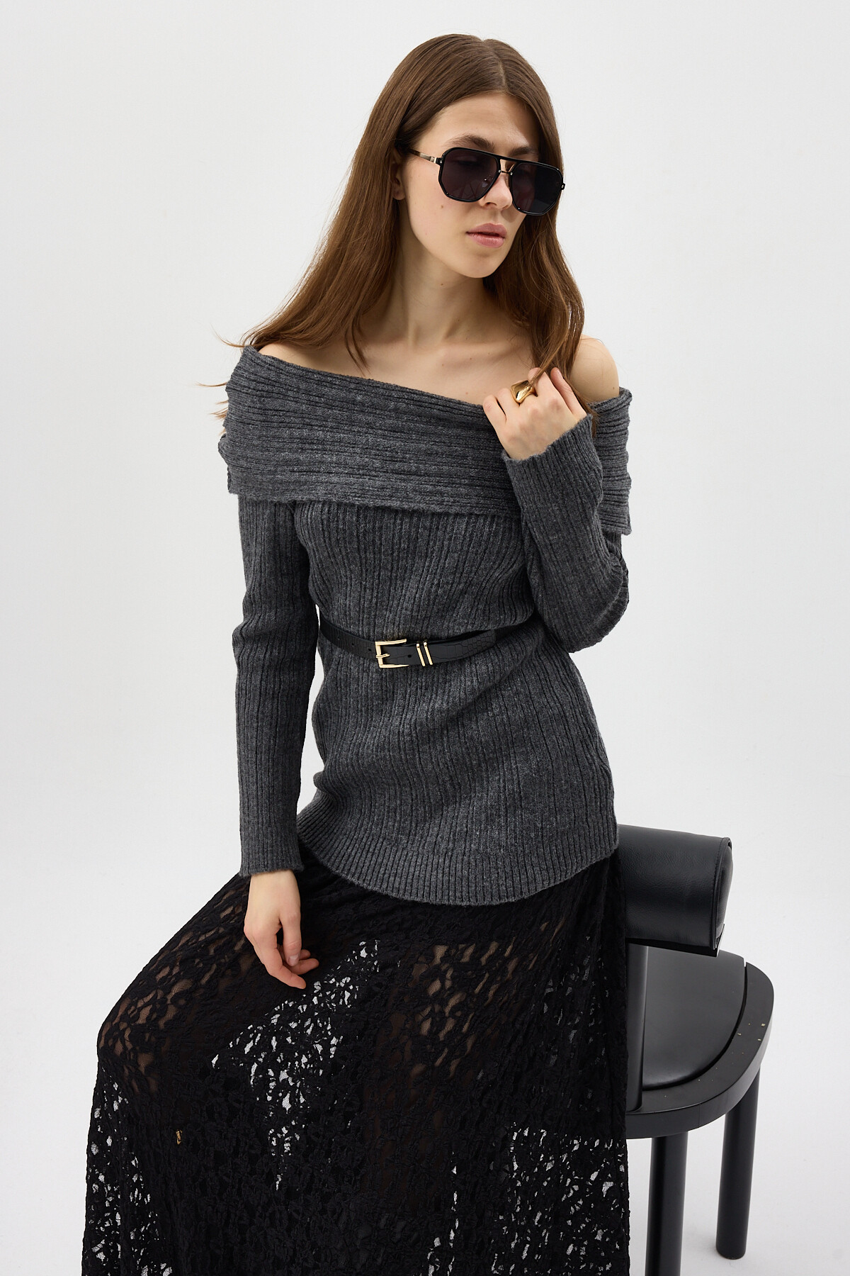 Antrasit Fitilli Kayık Yaka Kadın Kazak 2324 - RAYS