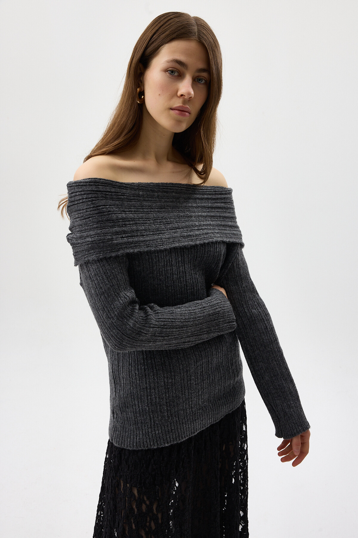 Antrasit Fitilli Kayık Yaka Kadın Kazak 2324 - 2