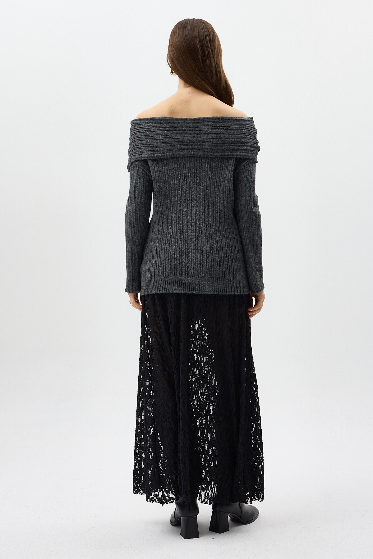 Antrasit Fitilli Kayık Yaka Kadın Kazak 2324 - 5