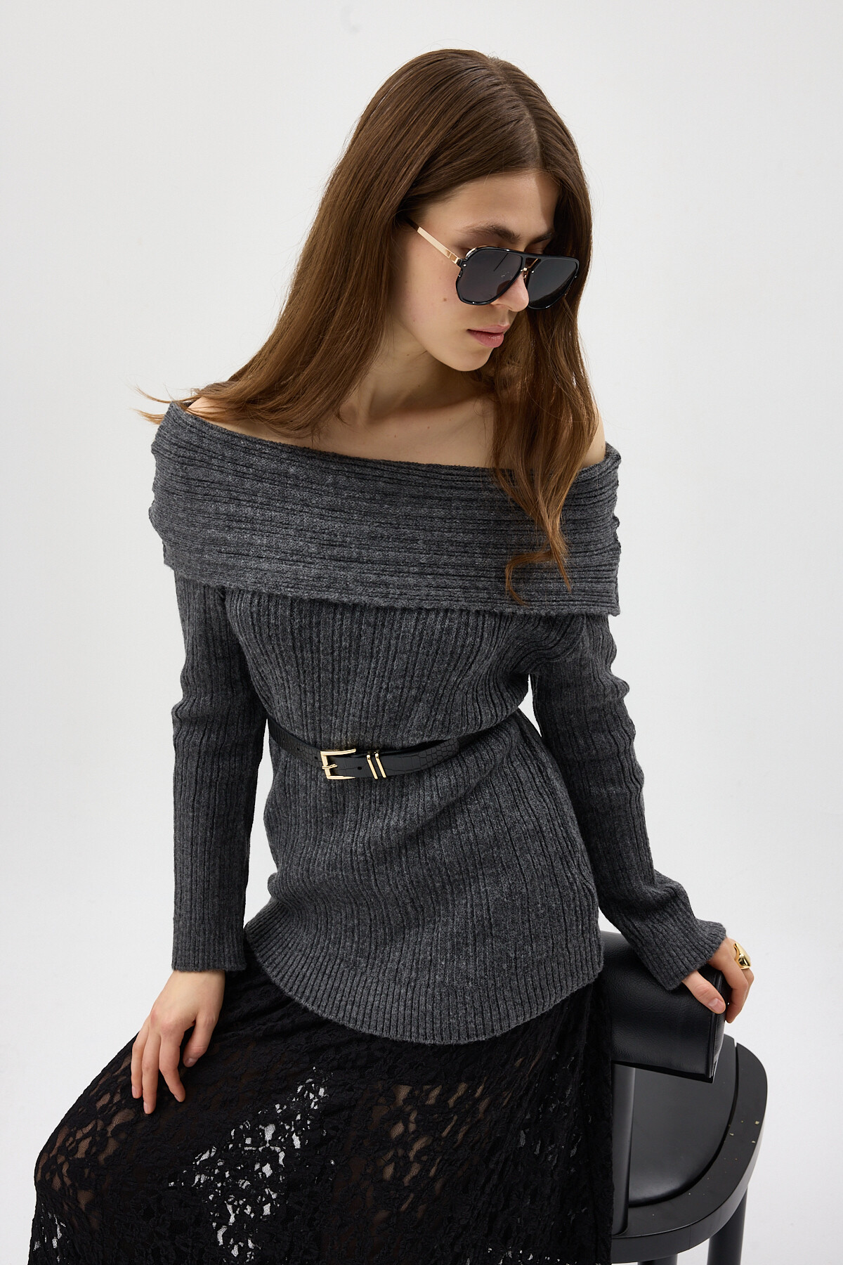 Antrasit Fitilli Kayık Yaka Kadın Kazak 2324 - 6