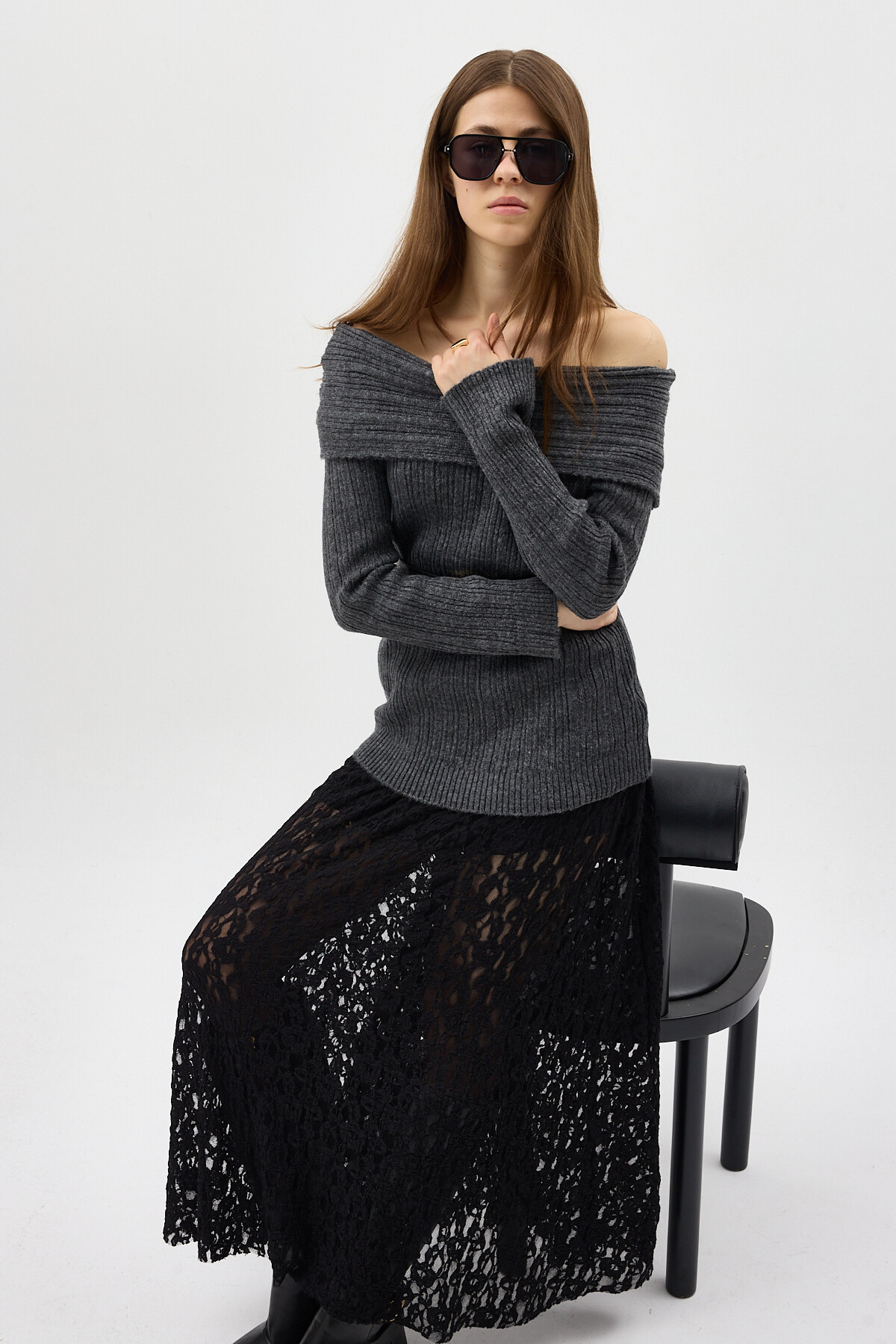 Antrasit Fitilli Kayık Yaka Kadın Kazak 2324 - 7