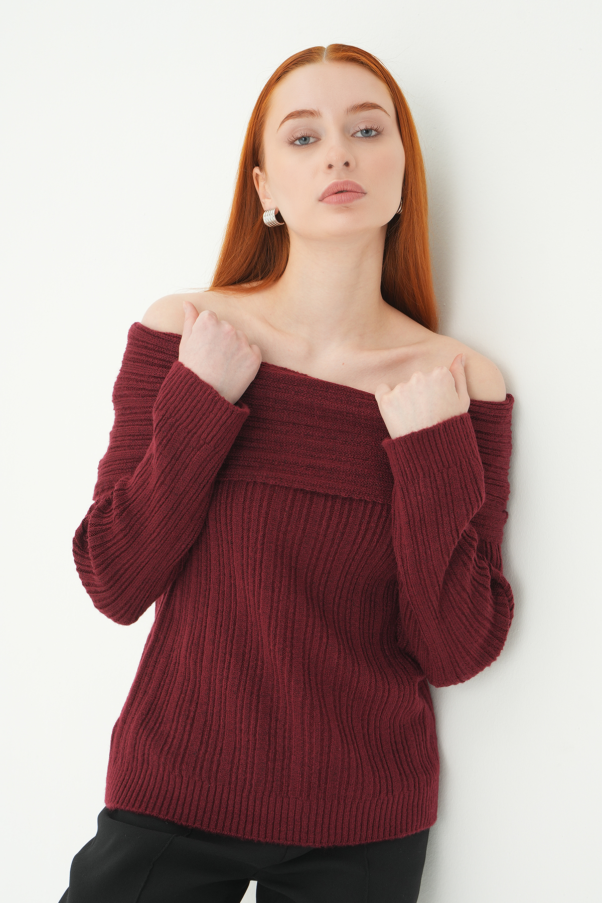 Kayık Yaka Uzun Kol Kazak 2324 Bordo - 6