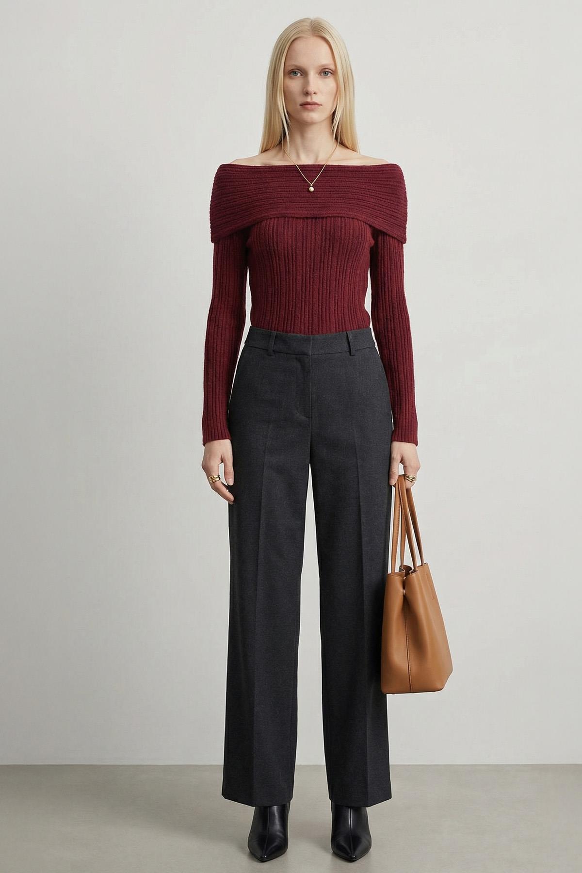 2324 Kayık Yaka Uzun Kol Kazak Bordo - RAYS