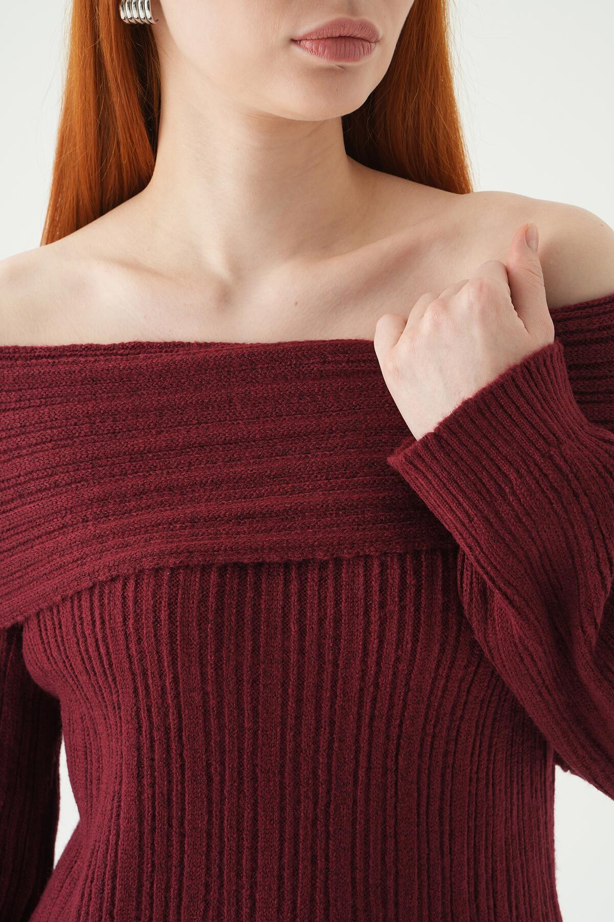 2324 Kayık Yaka Uzun Kol Kazak Bordo - RAYS