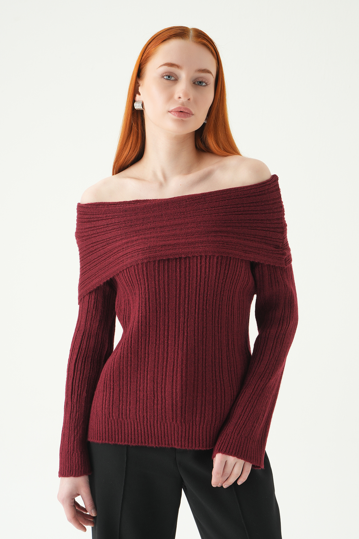 Bordo Kayık Yaka Uzun Kol Kazak 2324 - 2