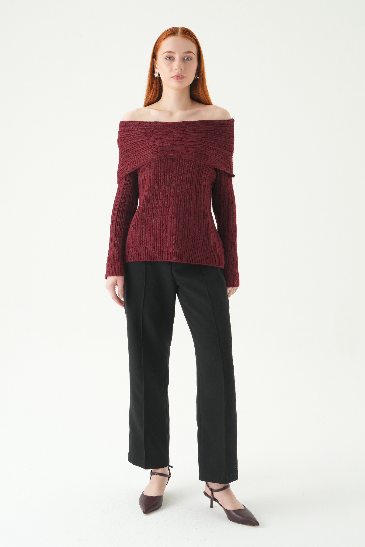 Bordo Kayık Yaka Uzun Kol Kazak 2324 - RAYS