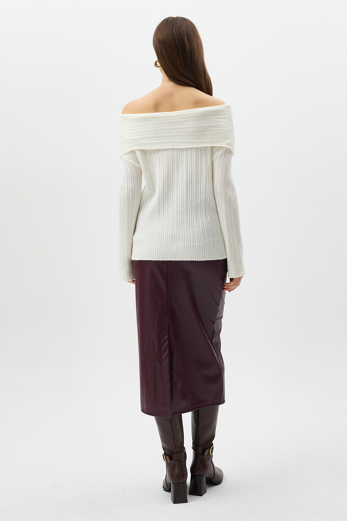Ekru Fitilli Kayık Yaka Kadın Kazak 2324 - 5